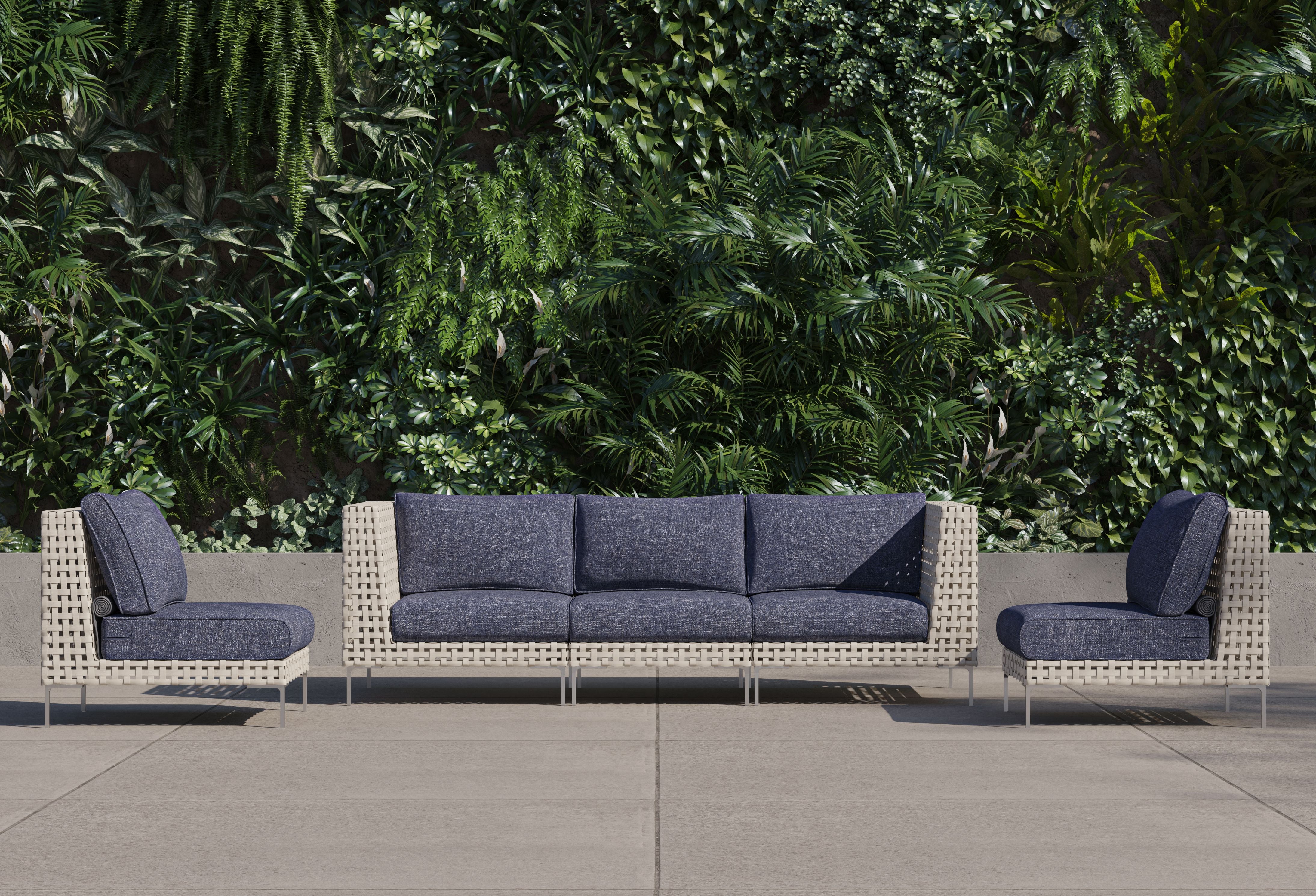 Open Weave Wicker Outdoor Sofa with Armless Chairs - 5 Seat #color_deep sea navy