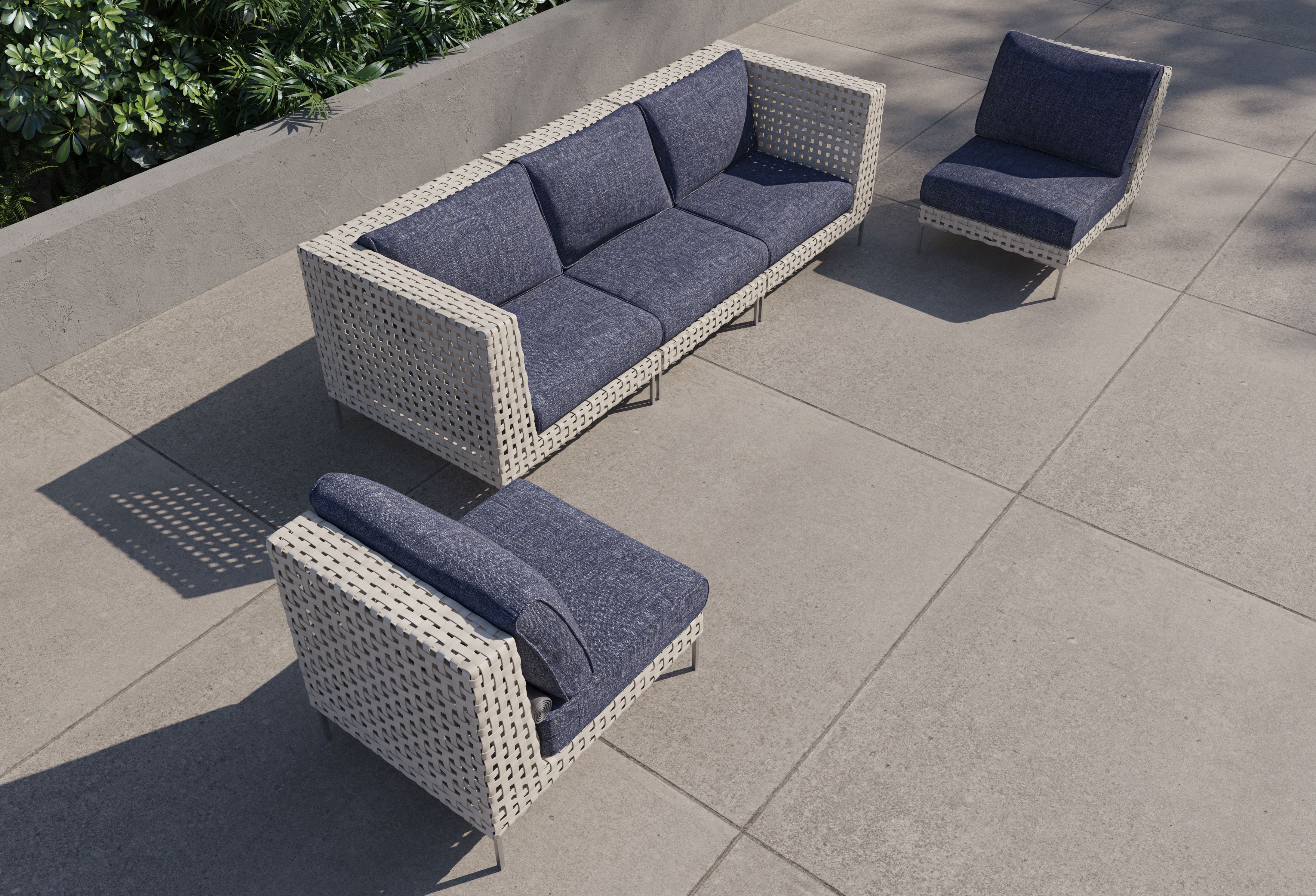 Open Weave Wicker Outdoor Sofa with Armless Chairs - 5 Seat #color_deep sea navy