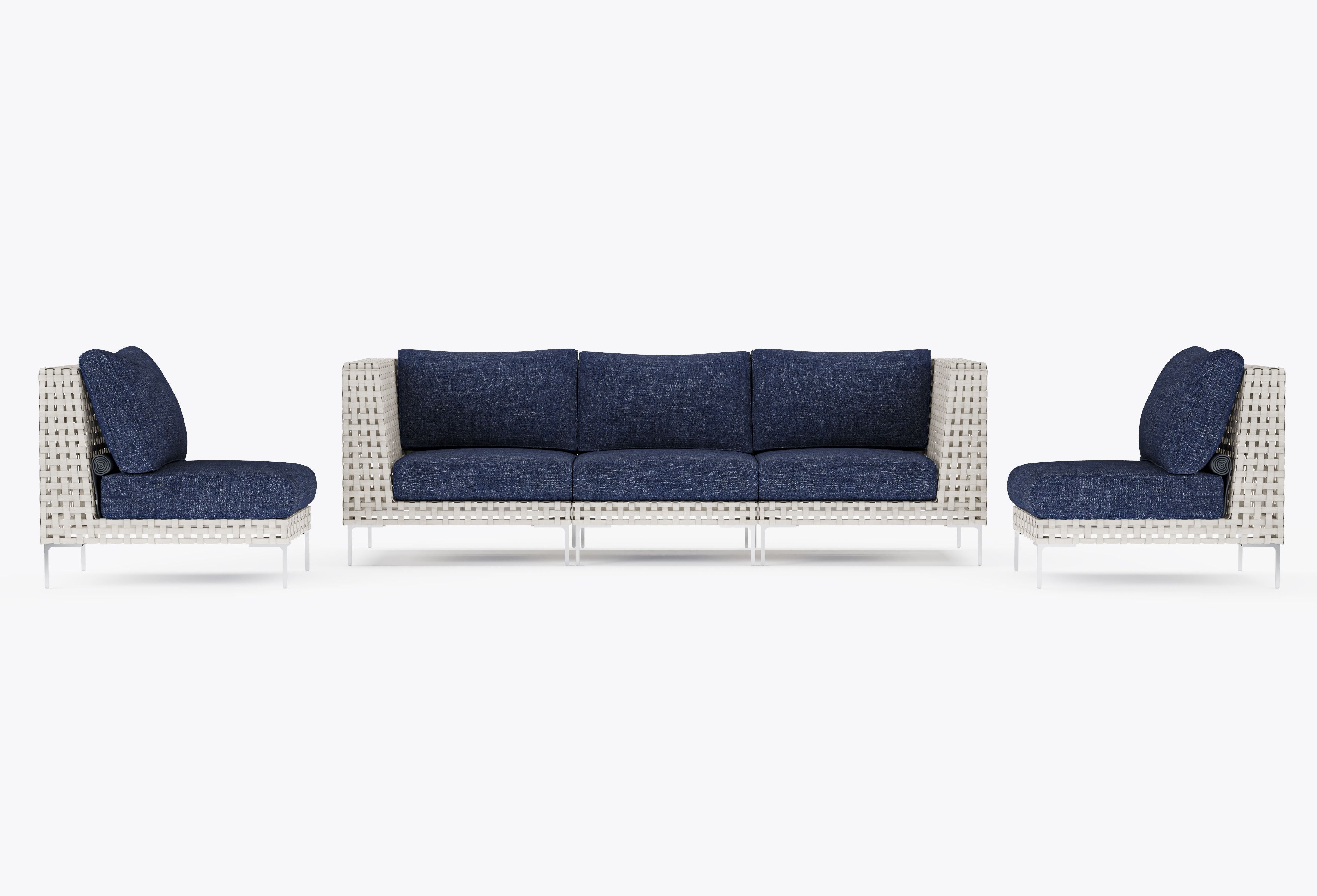 Open Weave Wicker Outdoor Sofa with Armless Chairs - 5 Seat in Deep Sea Navy #color_deep sea navy