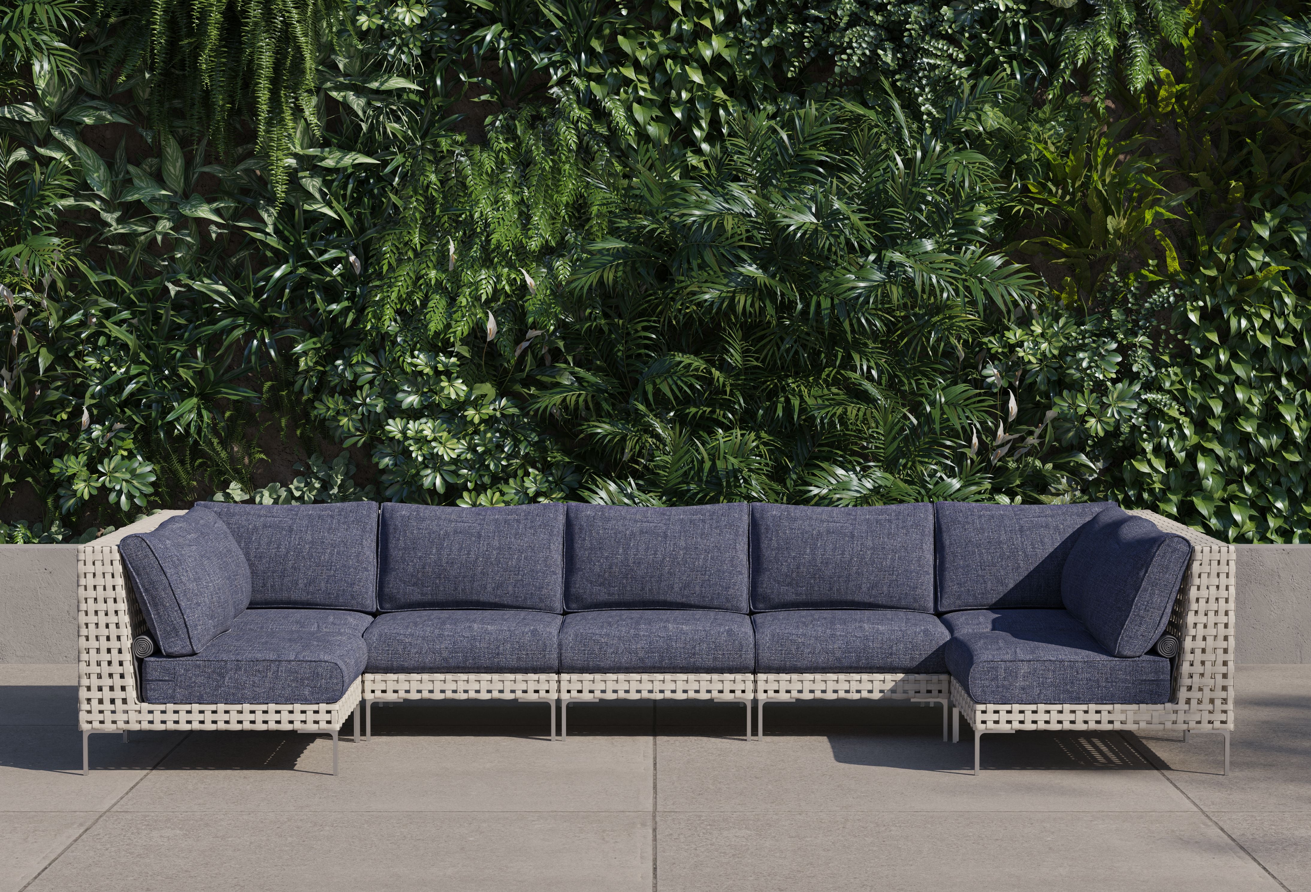 Open Weave Wicker Outdoor U Sectional - 7 Seat #color_deep sea navy