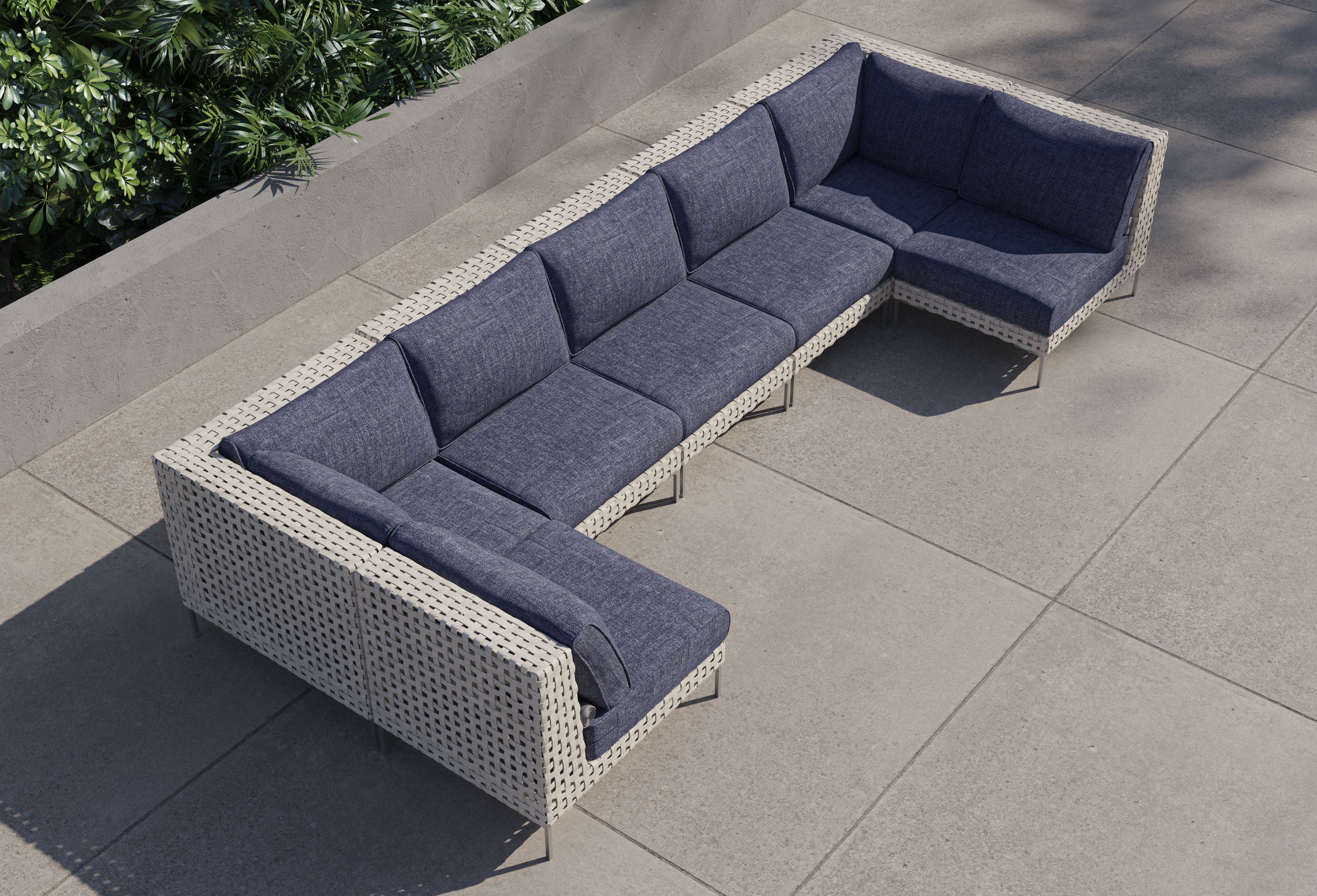 Open Weave Wicker Outdoor U Sectional - 7 Seat #color_deep sea navy