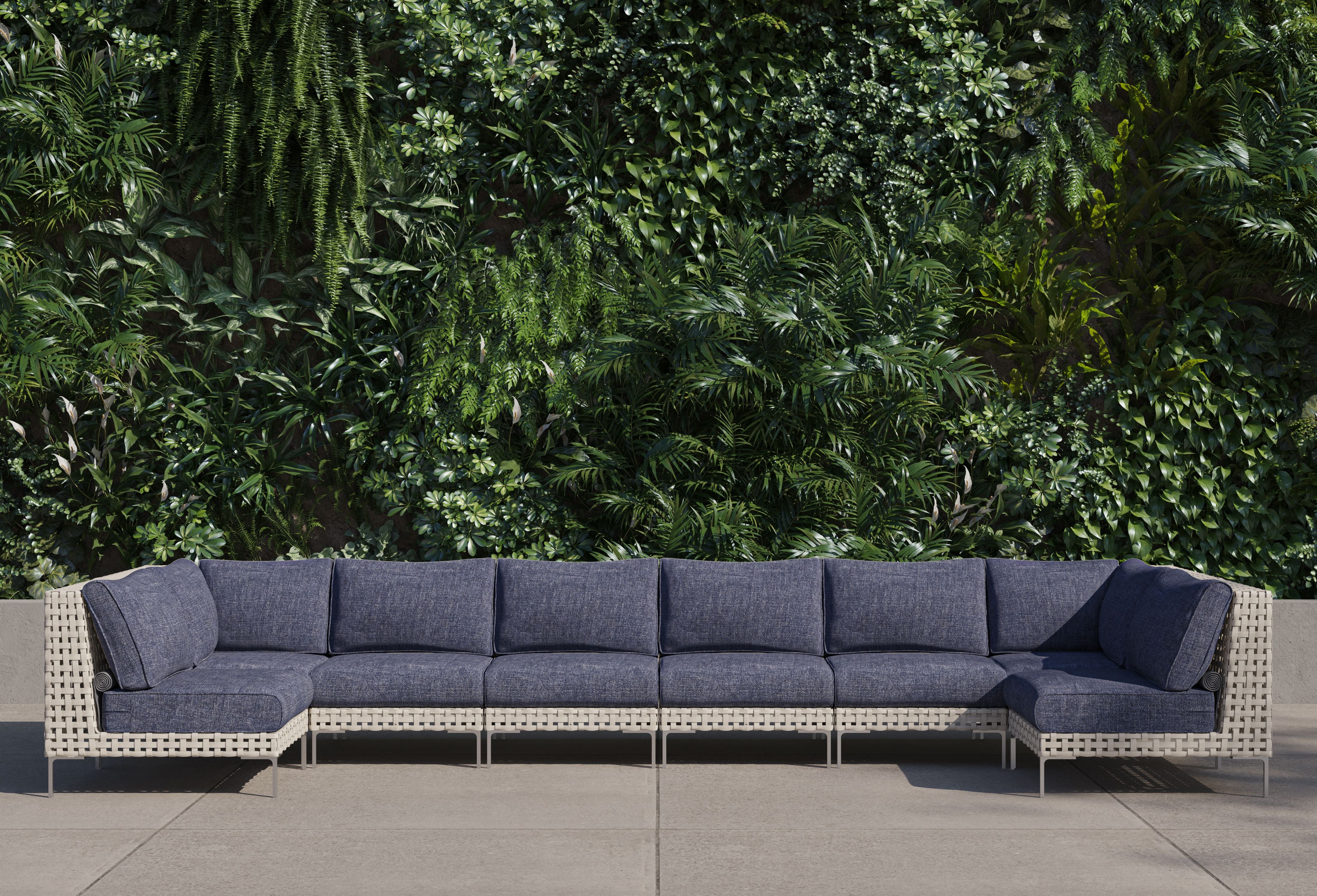 Open Weave Wicker Outdoor U Sectional - 8 Seat #color_deep sea navy