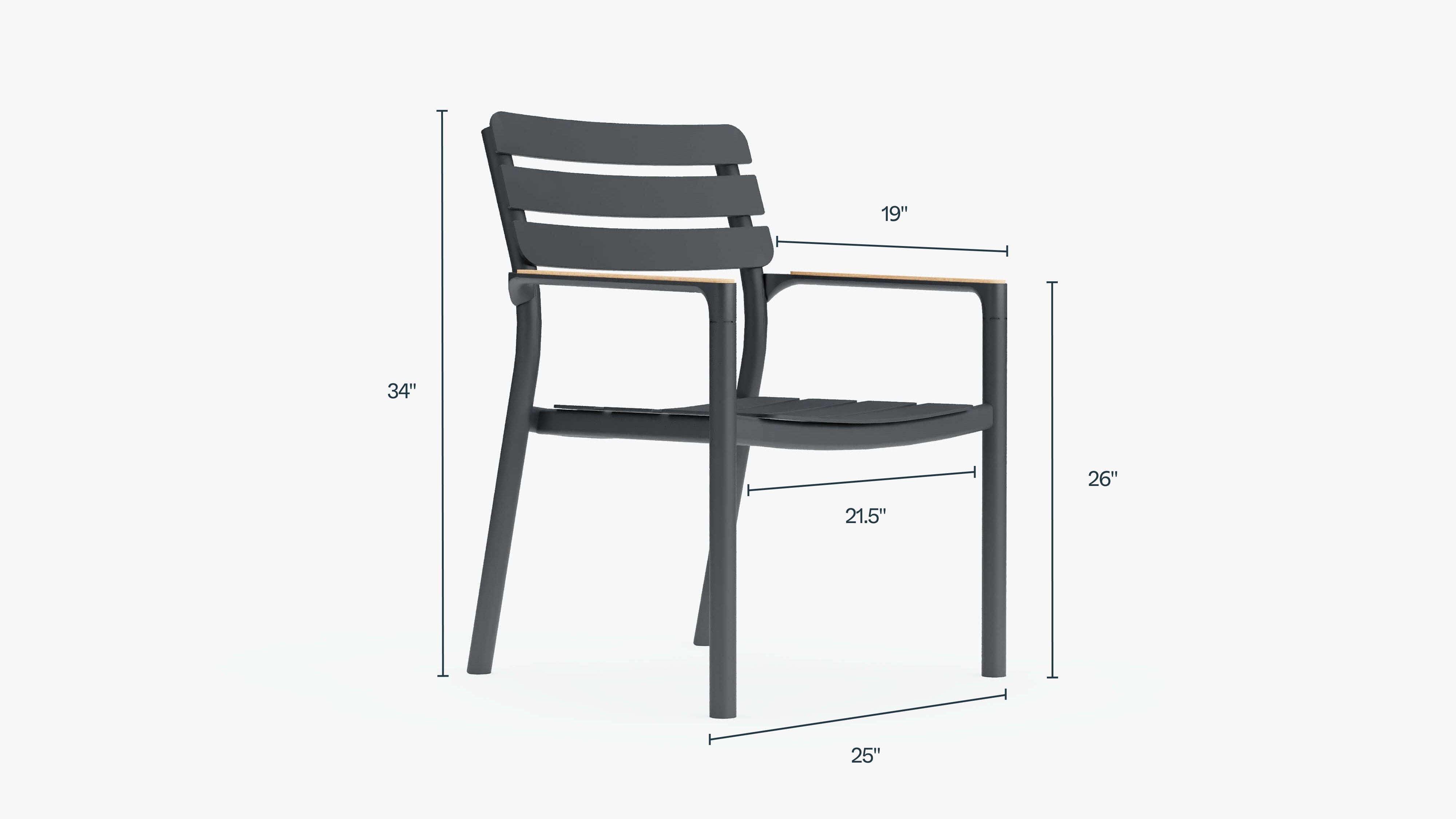 outer-595 armchair-Charcoal aluminum 595 armchair shown with full dimension callouts against a light background