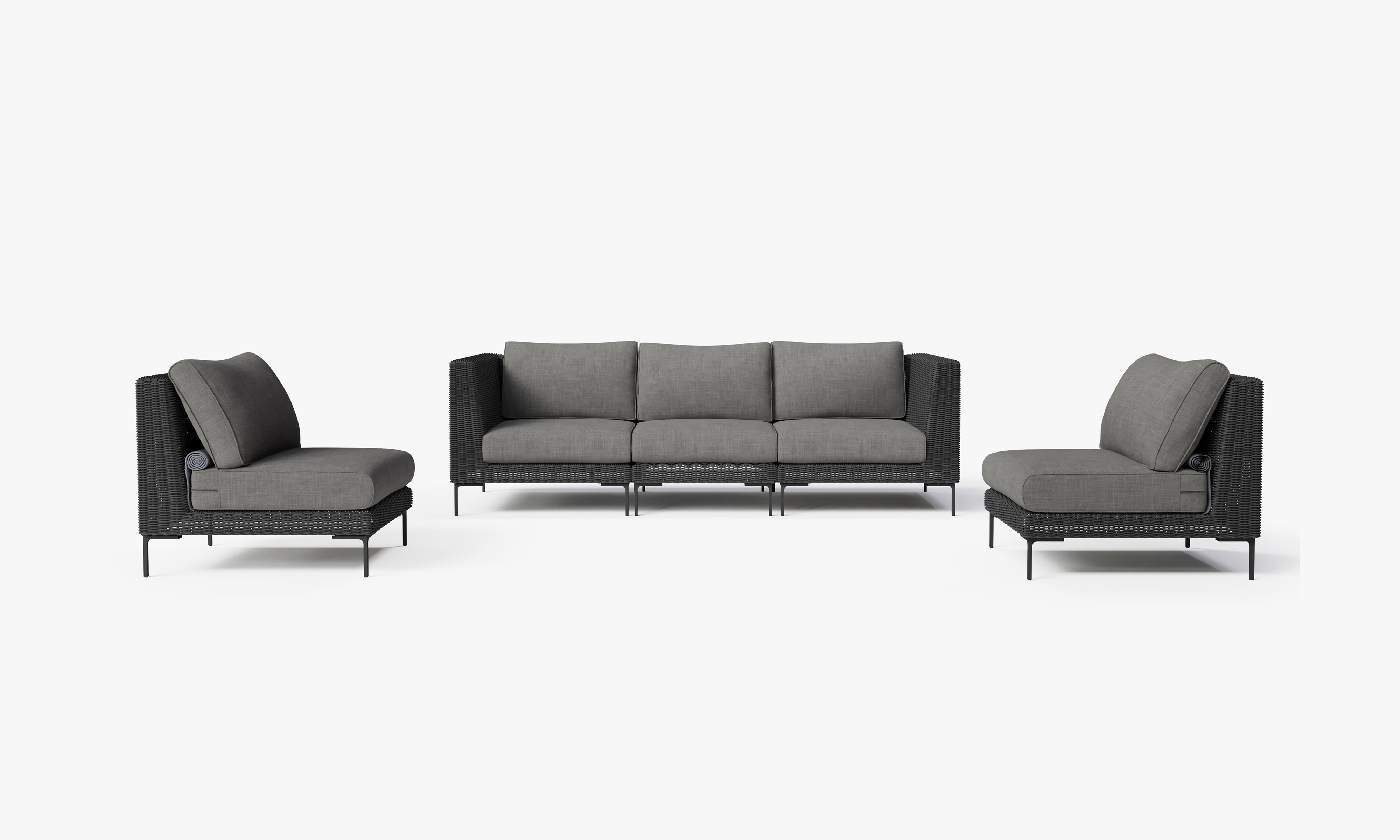 Black Wicker Outdoor Sofa with Armless Chairs - 5 Seat, front. Comfortable, durable, and weather resistant outdoor seating with memory foam. #color_dark pebble gray