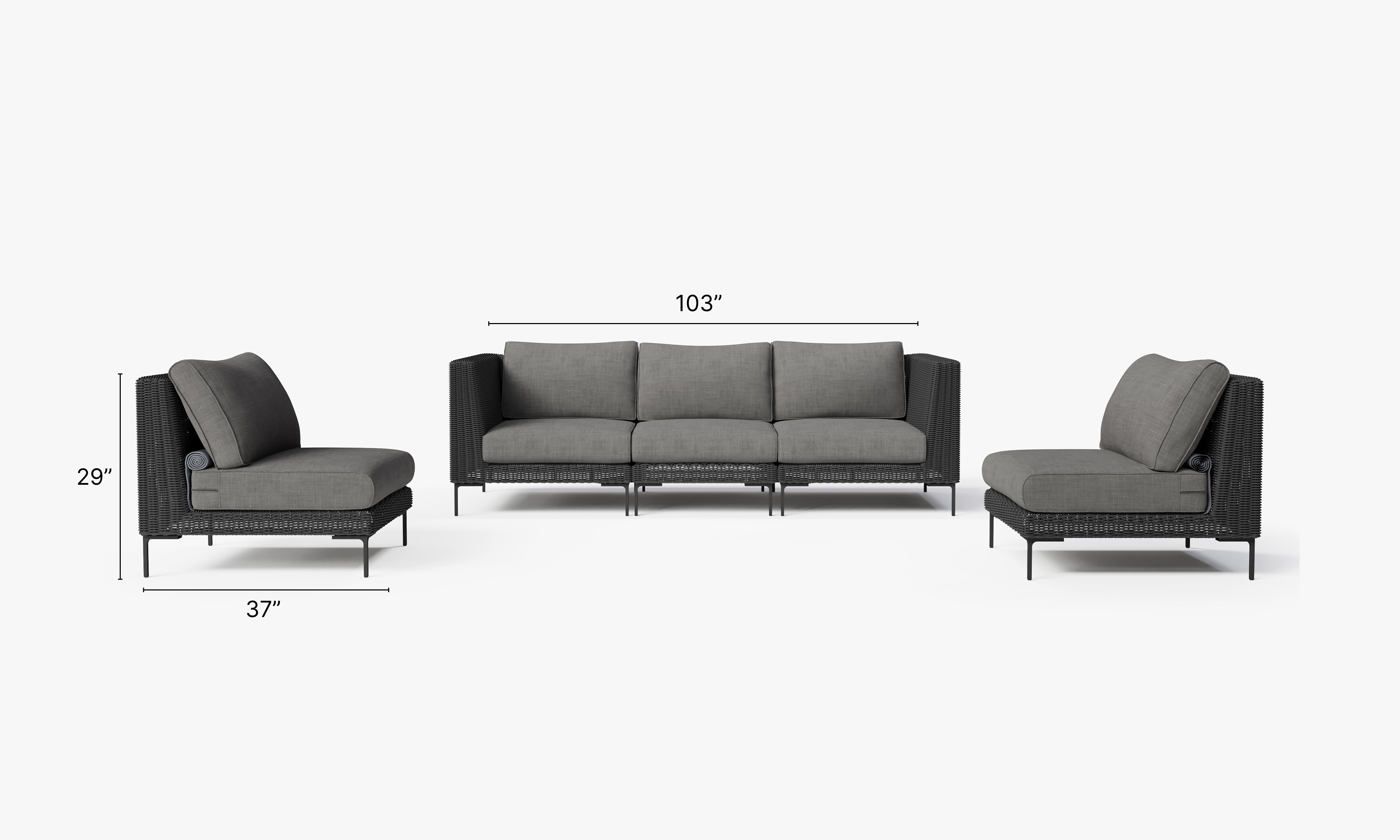 Black Wicker Outdoor Sofa with Armless Chairs - 5 Seat dimensions in inches, also listed under Dimensions and Weights. #color_dark pebble gray