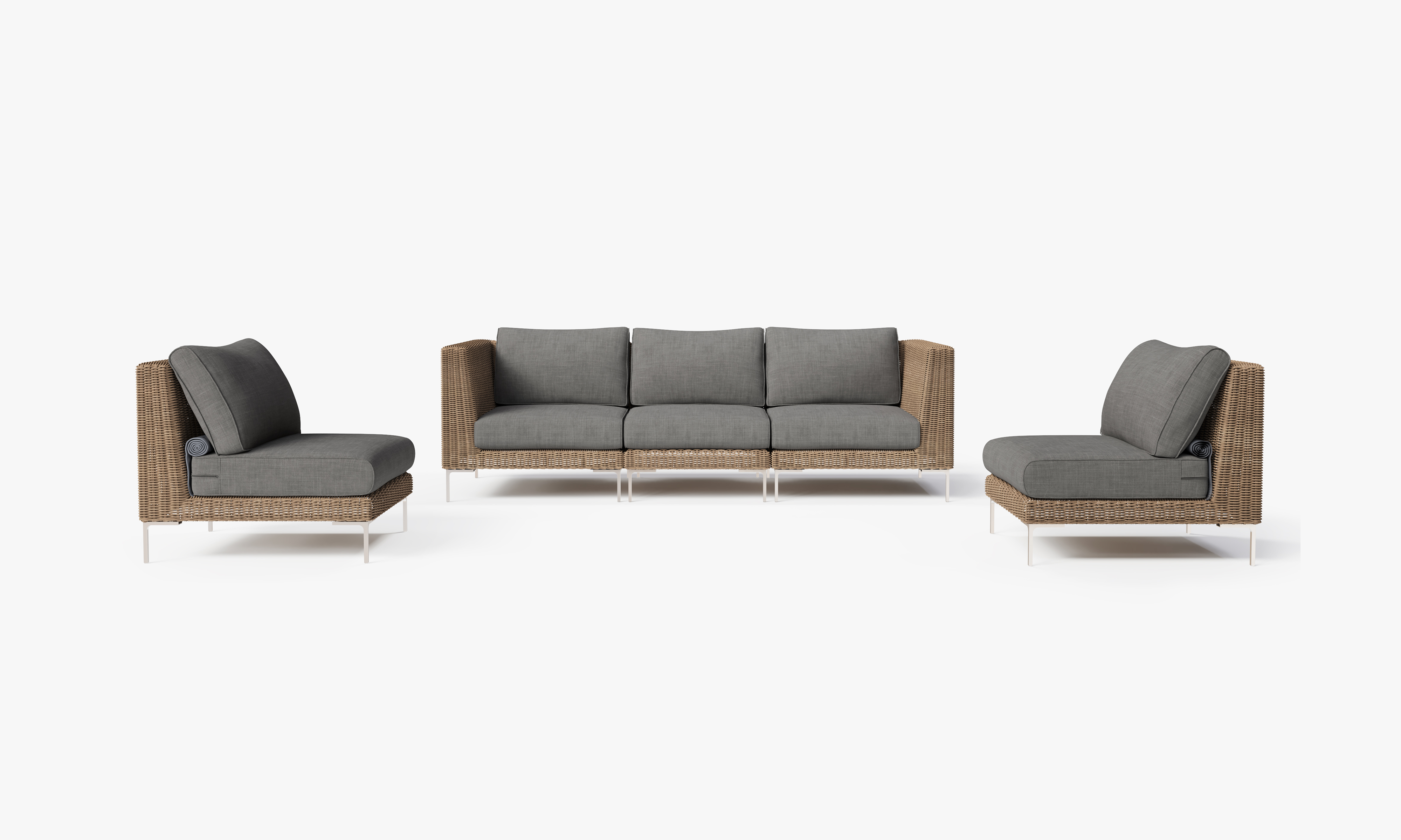 Brown Wicker Outdoor Sofa with Armless Chairs - 5 Seat, front. Comfortable, durable, and weather resistant outdoor seating with memory foam. #color_dark pebble gray