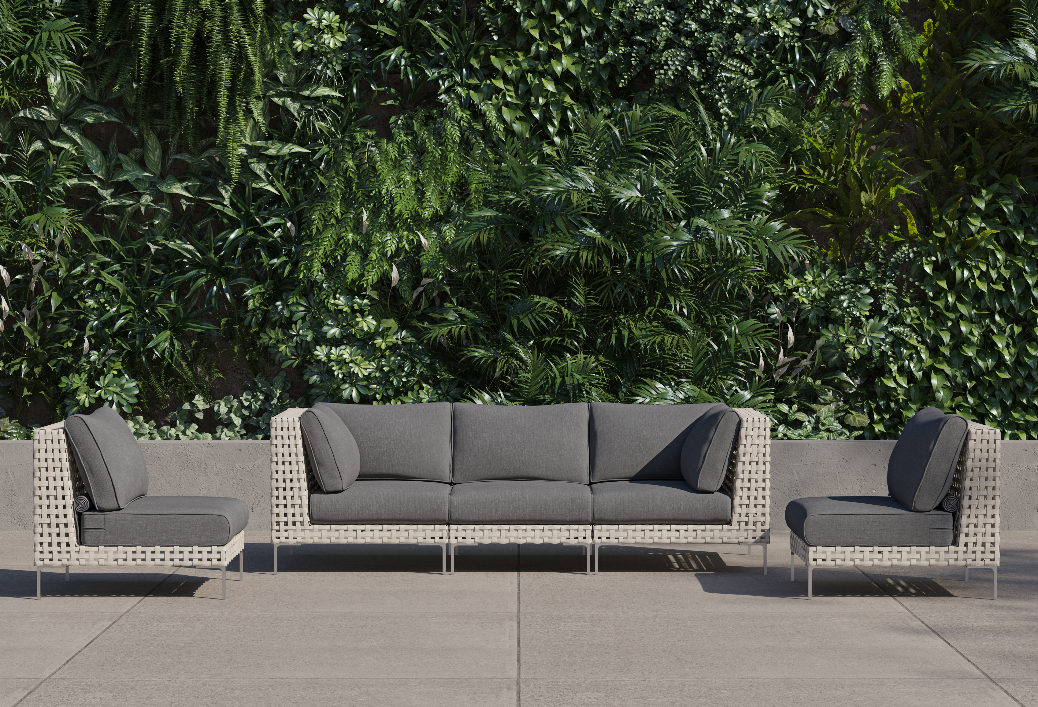 Open Weave Wicker Outdoor Sofa with Armless Chairs - 5 Seat #color_dark pebble gray