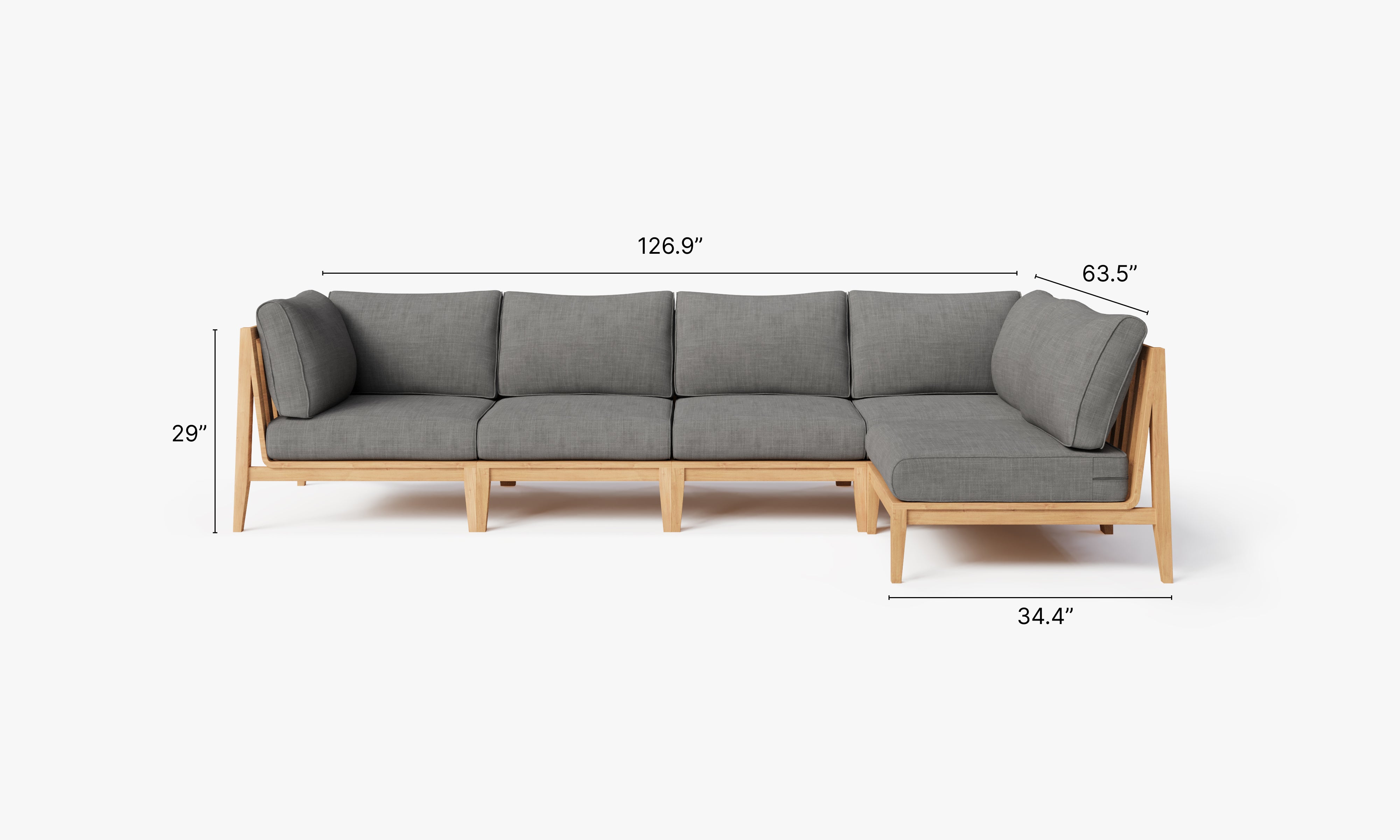 Teak outdoor sofa featuring a 5-seat L-shaped sectional design with dark pebble gray cushions.-teak outdoor sofa-outer #color_dark pebble gray