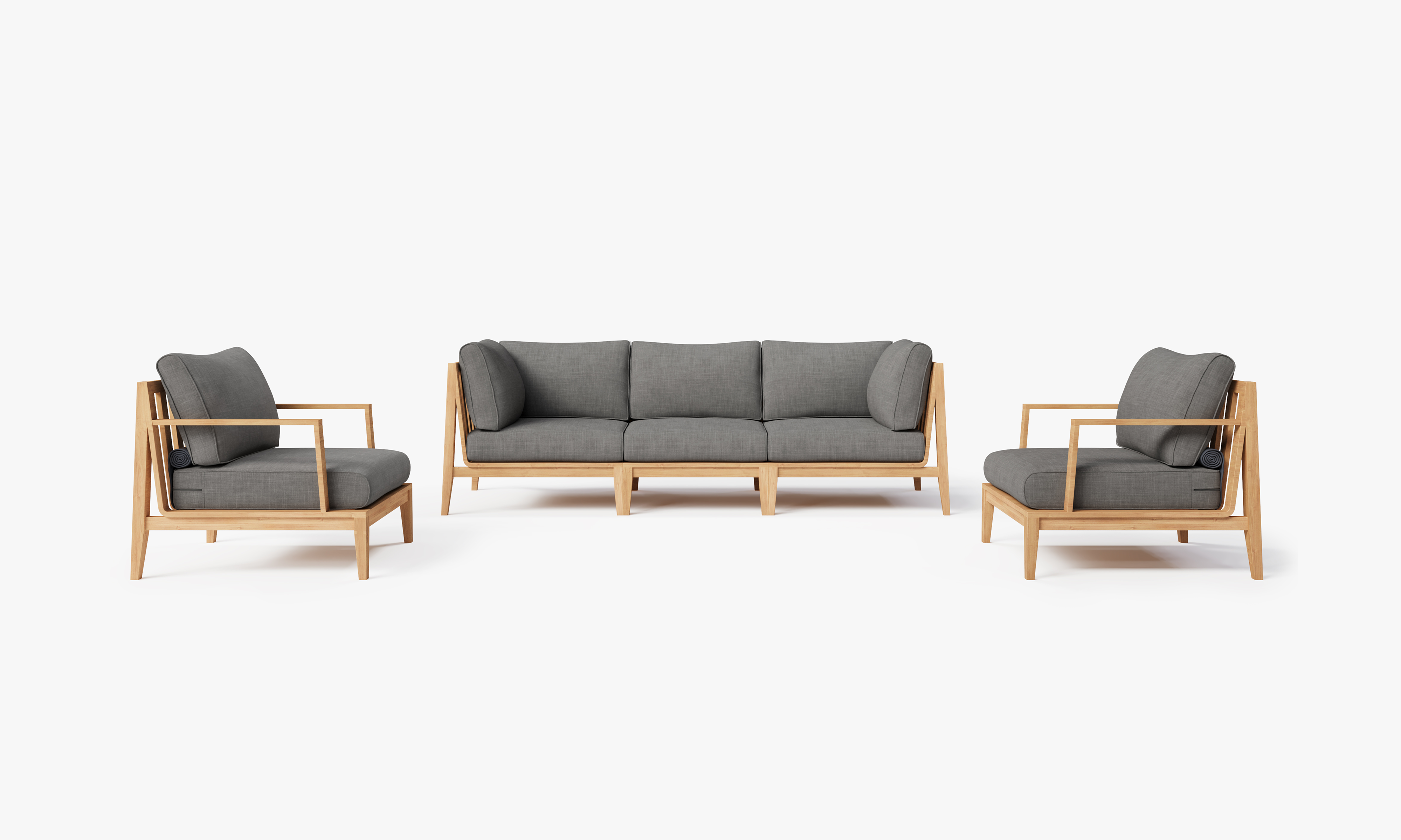 Teak outdoor sofa with matching armchairs arranged on a wooden deck, featuring light-colored cushions and a modern, sturdy design.-teak outdoor sofa-outer #color_dark pebble gray