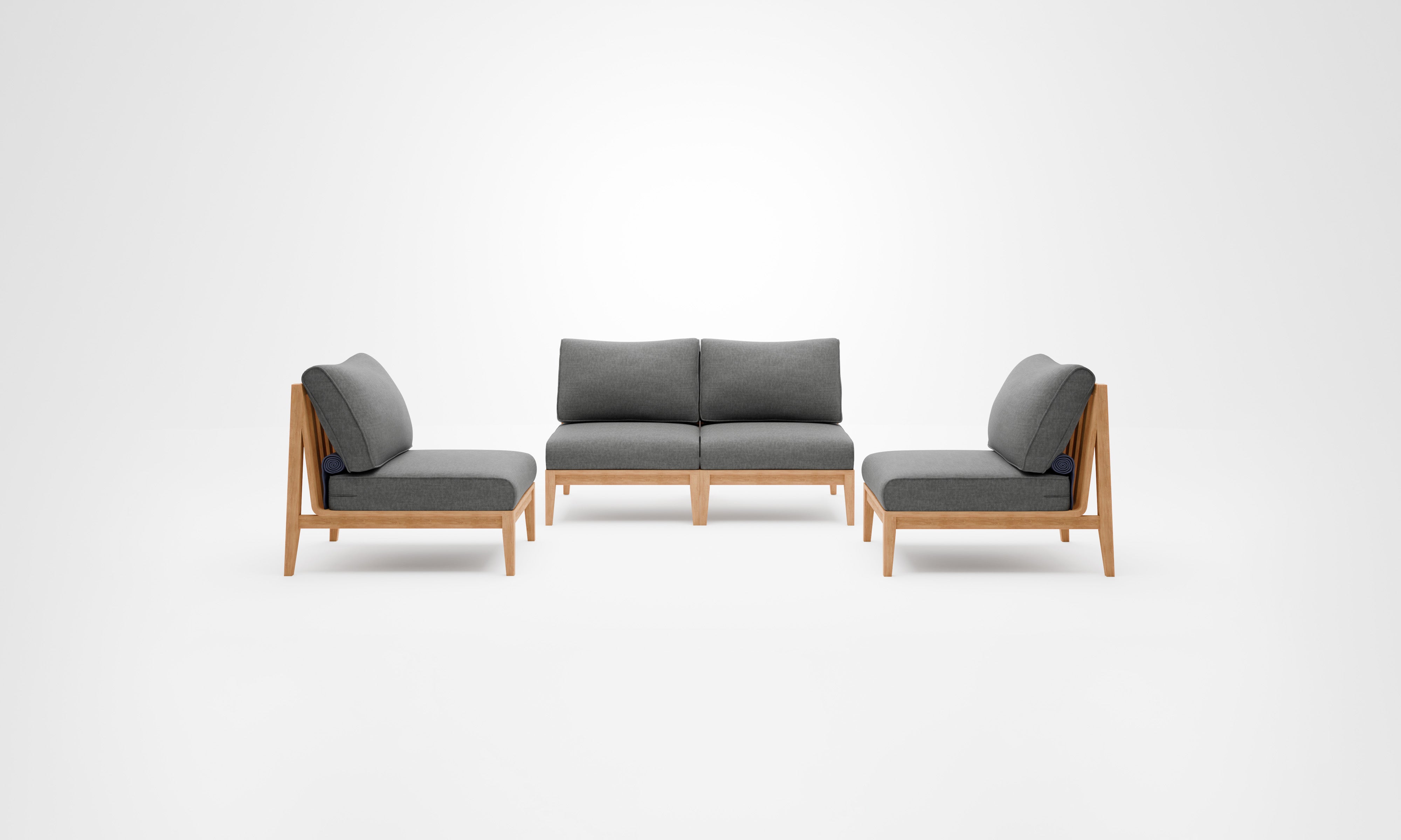 Teak outdoor loveseat with armless chairs, featuring a pebble-colored cushioned seat and backrest, designed for comfortable outdoor seating.-teak outdoor sofa-outer #color_dark pebble gray