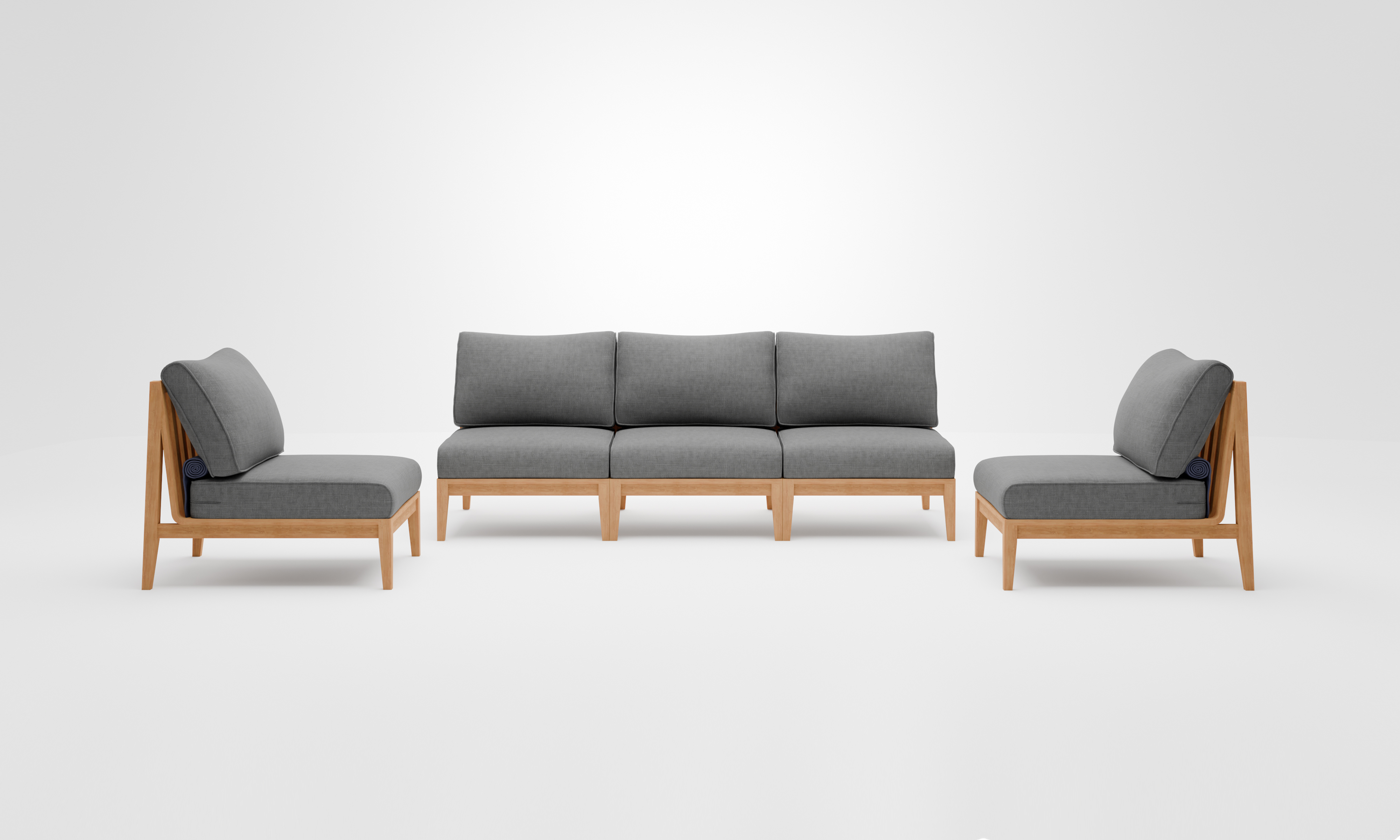 Teak outdoor sofa with armless chairs arranged on a wooden deck, featuring neutral pebble-colored cushions.-teak outdoor sofa-outer #color_dark pebble gray