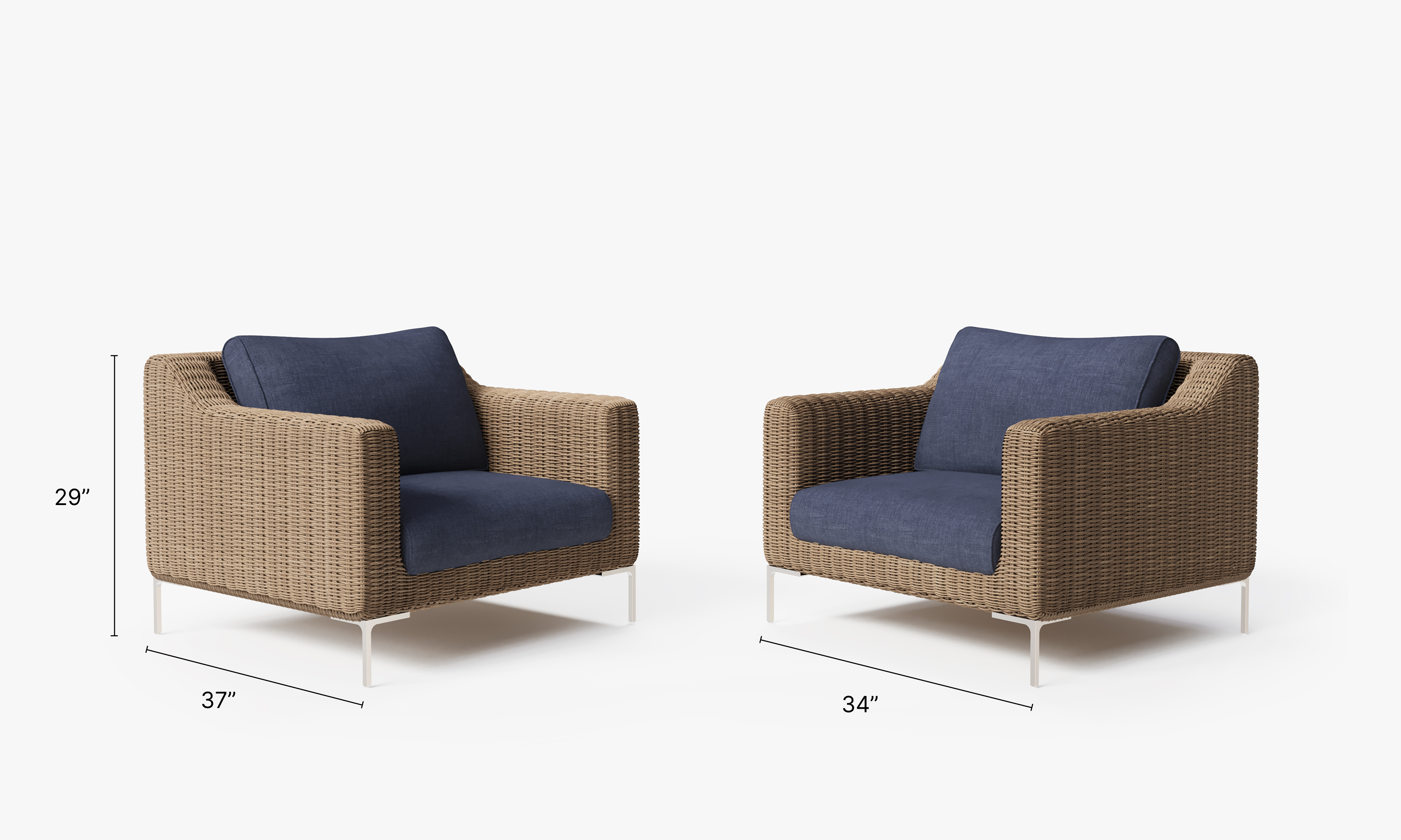 Brown Wicker Outdoor Armchair Conversation Set dimensions in inches, also listed under Dimensions and Weights. #color_deep sea navy