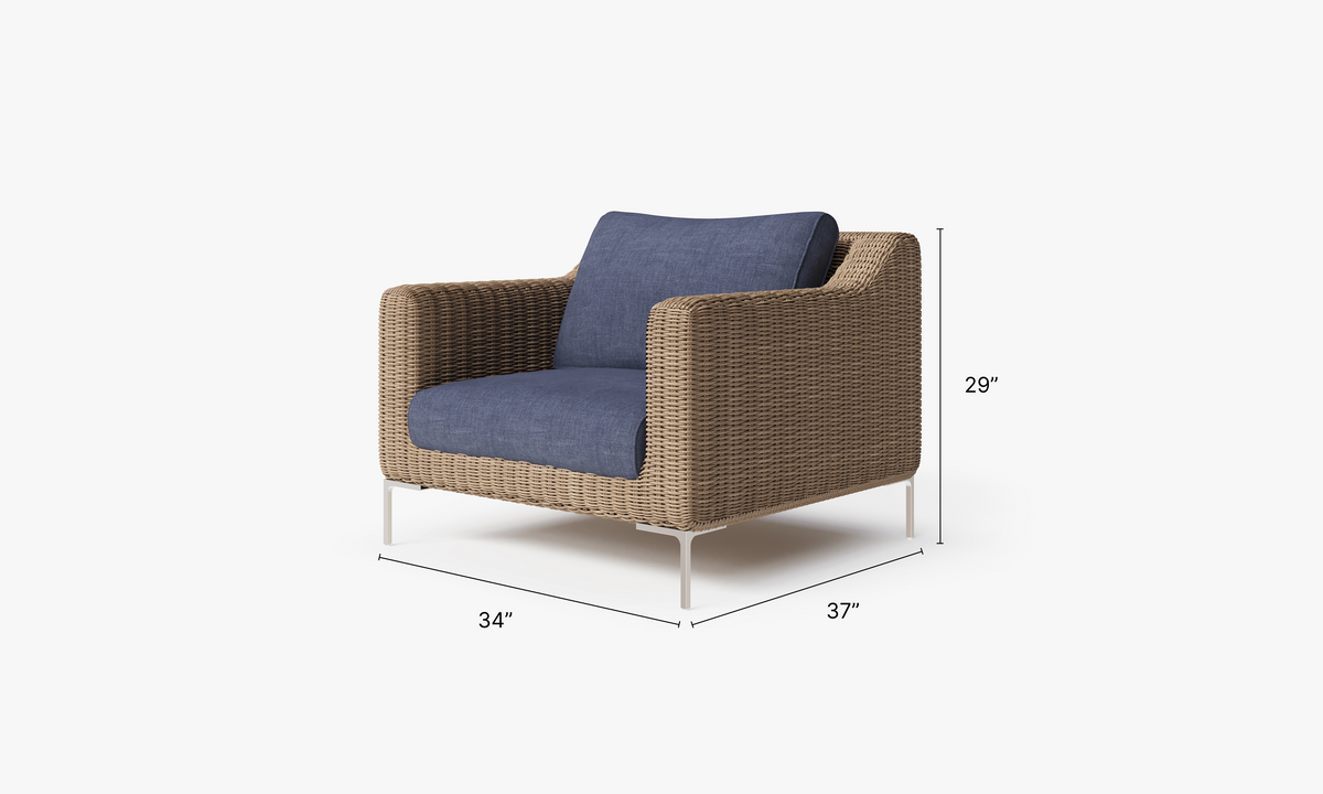 Brown Wicker Outdoor Armchair dimensions in inches, also listed under Dimensions and Weights. #color_deep sea navy