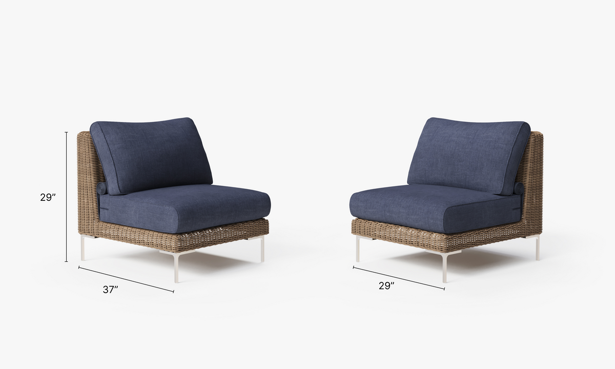 Brown Wicker Outdoor Armless Chair Conversation Set dimensions in inches, also listed under Dimensions and Weights. #color_deep sea navy