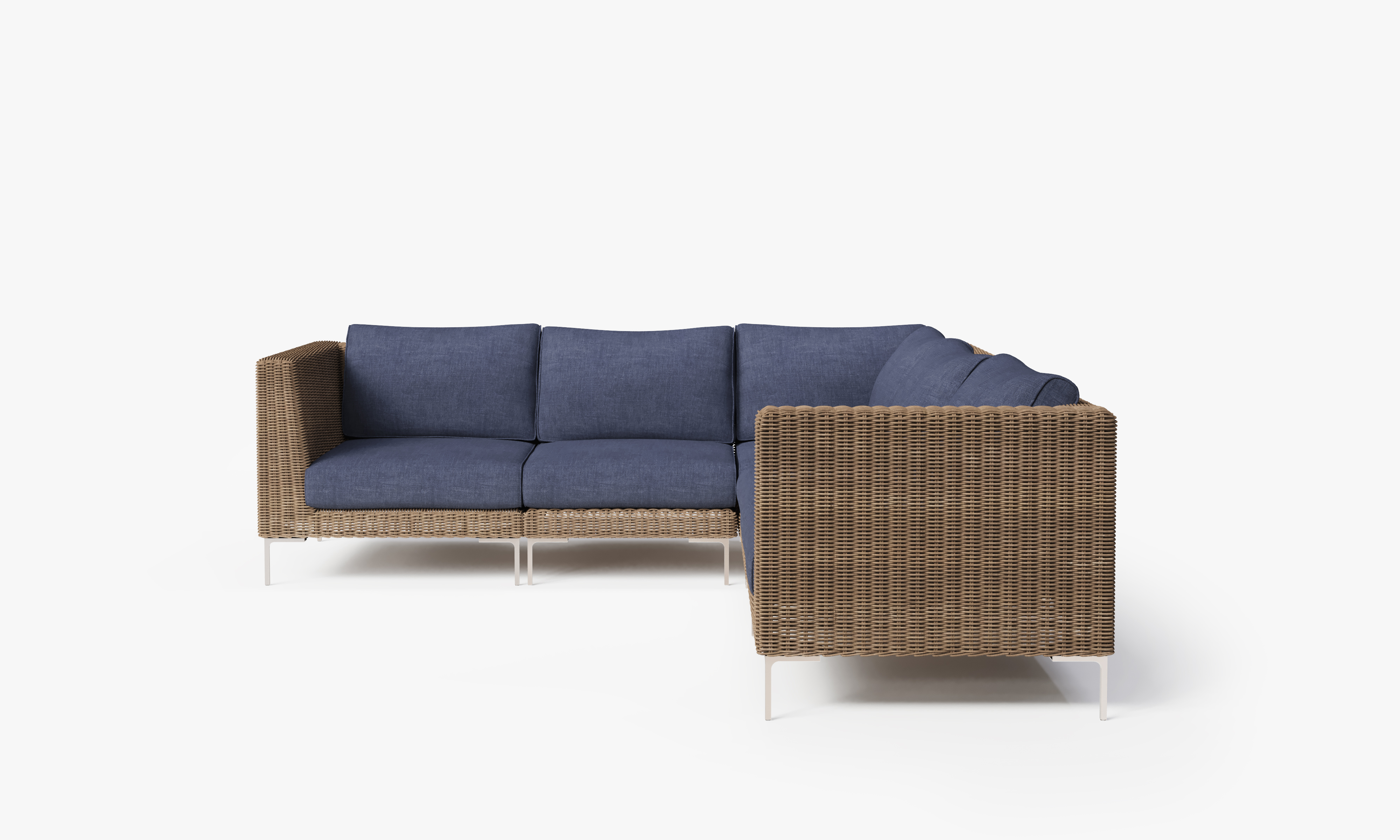 Brown Wicker Outdoor Corner Sectional - 5 Seat, front. Comfortable, durable, and weather resistant outdoor seating with memory foam. #color_deep sea navy