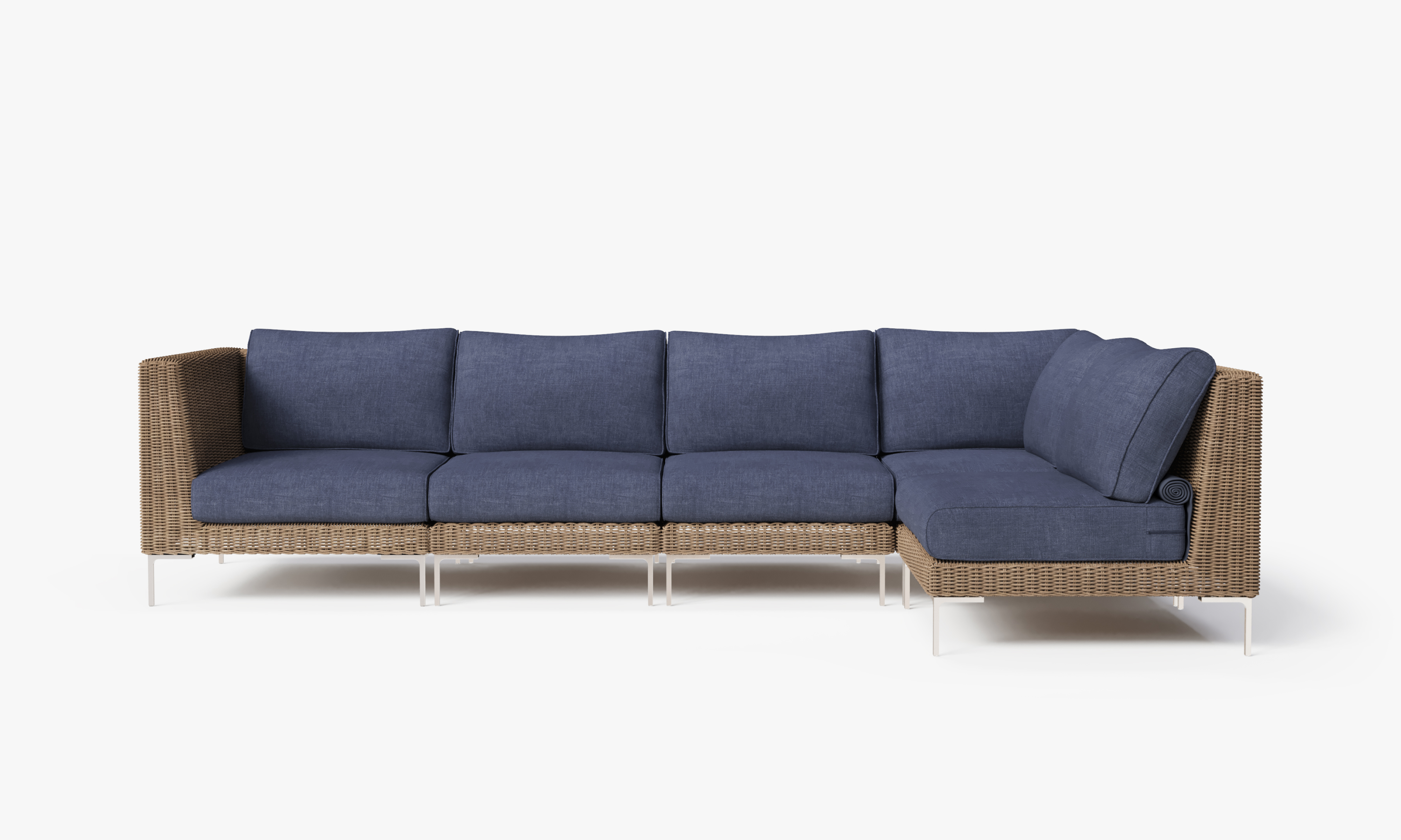 Brown Wicker Outdoor L Sectional - 5 Seat, front. Comfortable, durable, and weather resistant outdoor seating with memory foam. #color_deep sea navy