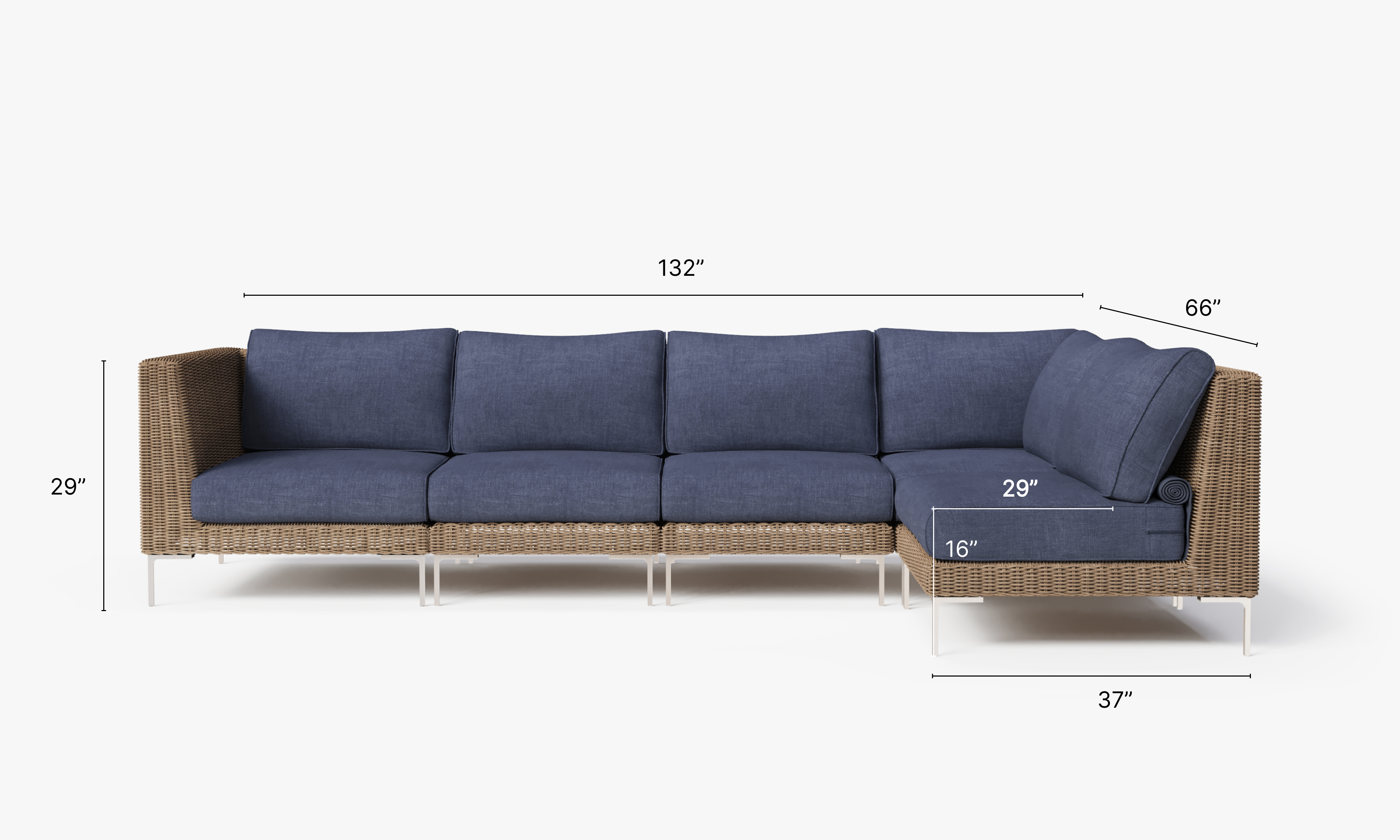 Brown Wicker Outdoor L Sectional - 5 Seat dimensions in inches, also listed under Dimensions and Weights. #color_deep sea navy