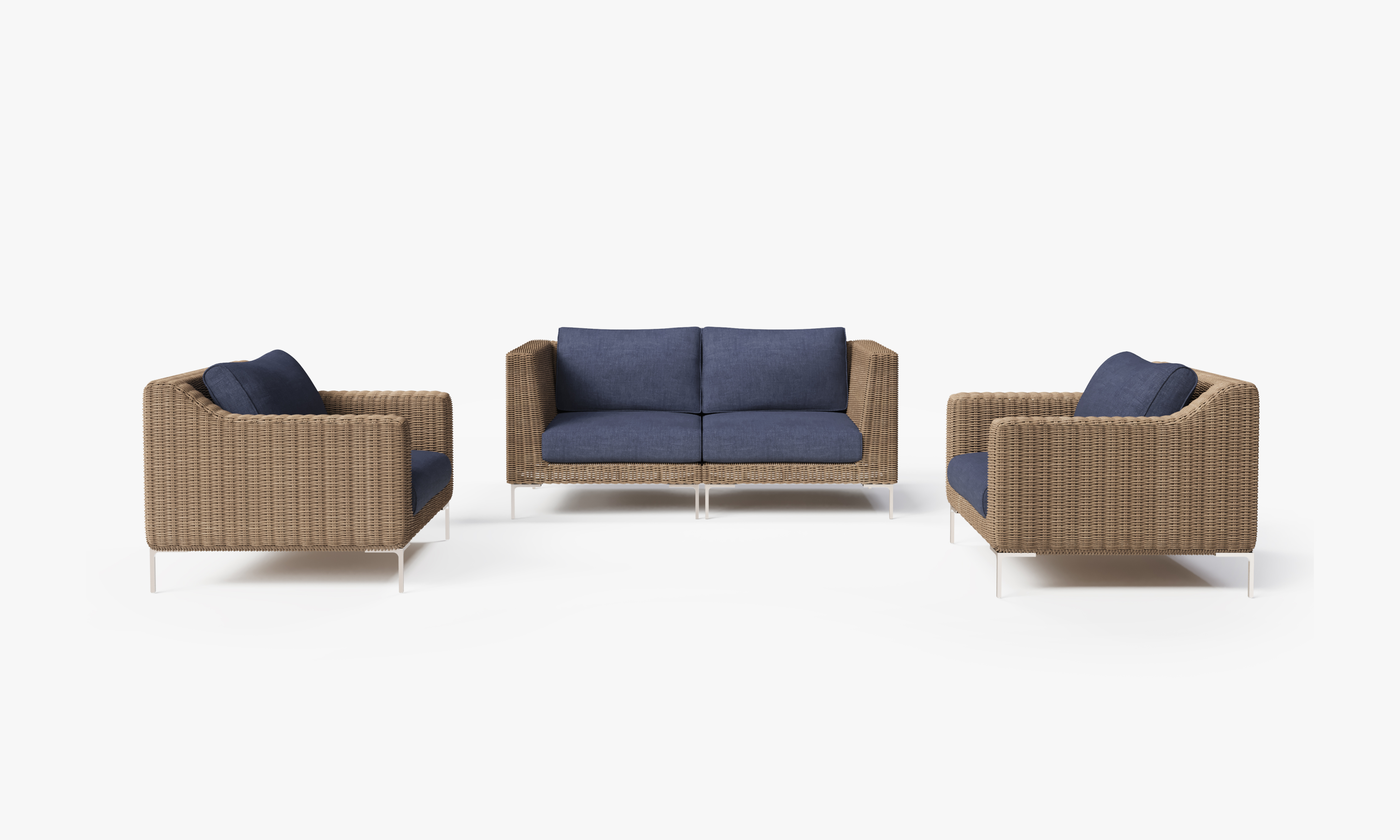 Brown Wicker Outdoor Loveseat with Armchairs - 4 Seat, front. Comfortable, durable, and weather resistant outdoor seating with memory foam. #color_deep sea navy