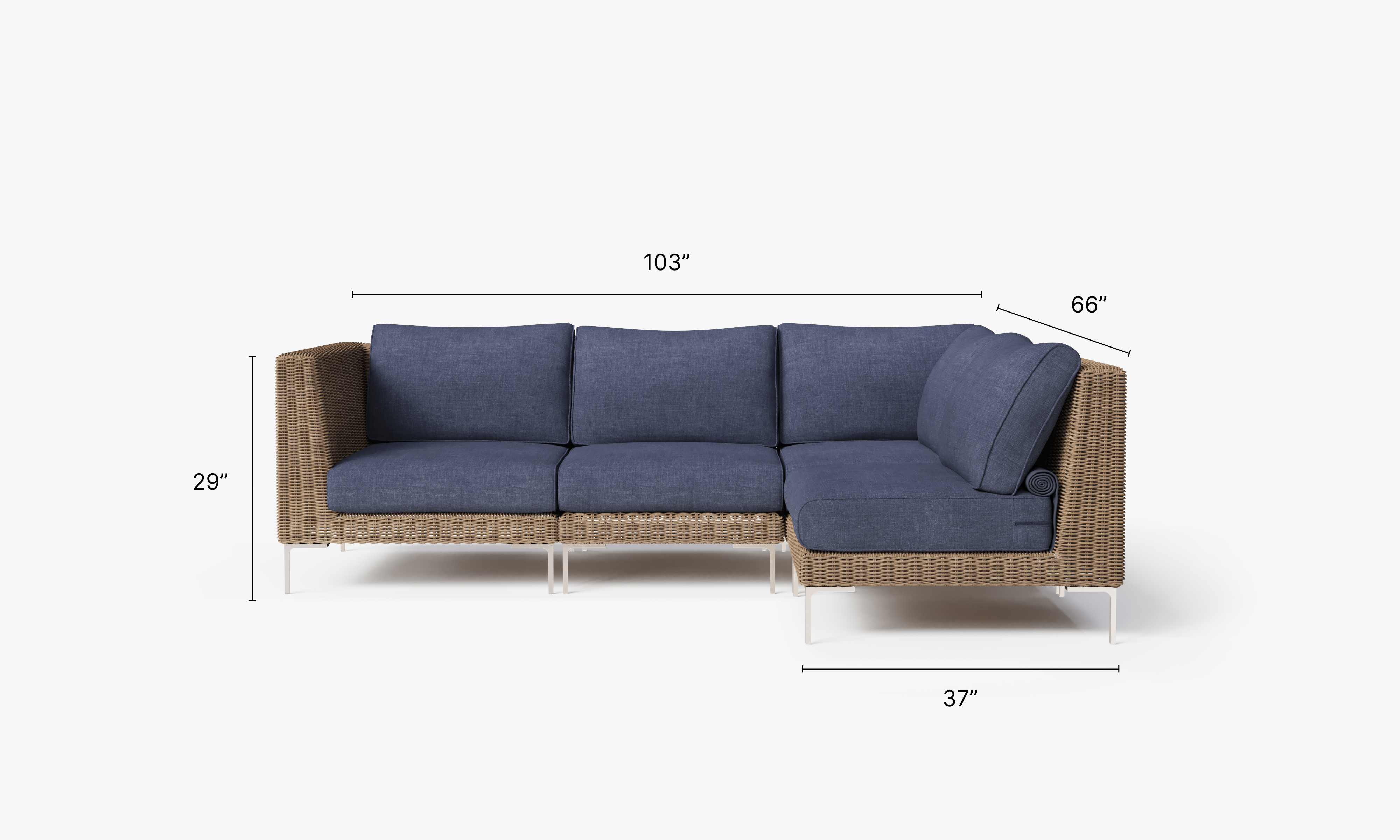 Brown Wicker Outdoor L Sectional - 4 Seat dimensions in inches, also listed under Dimensions and Weights. #color_deep sea navy