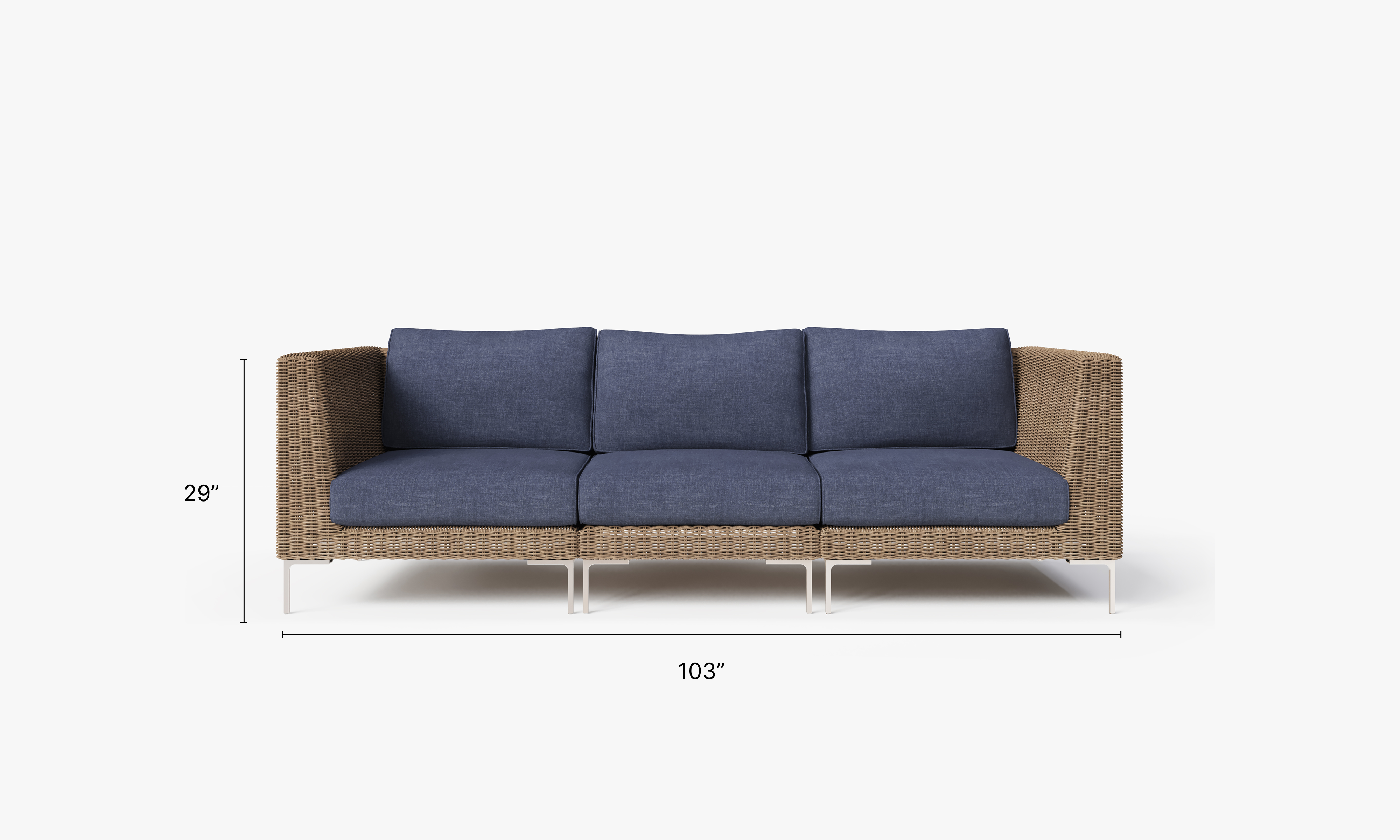 Brown Wicker Outdoor Sofa - 3 Seat dimensions in inches, also listed under Dimensions and Weights. #color_deep sea navy
