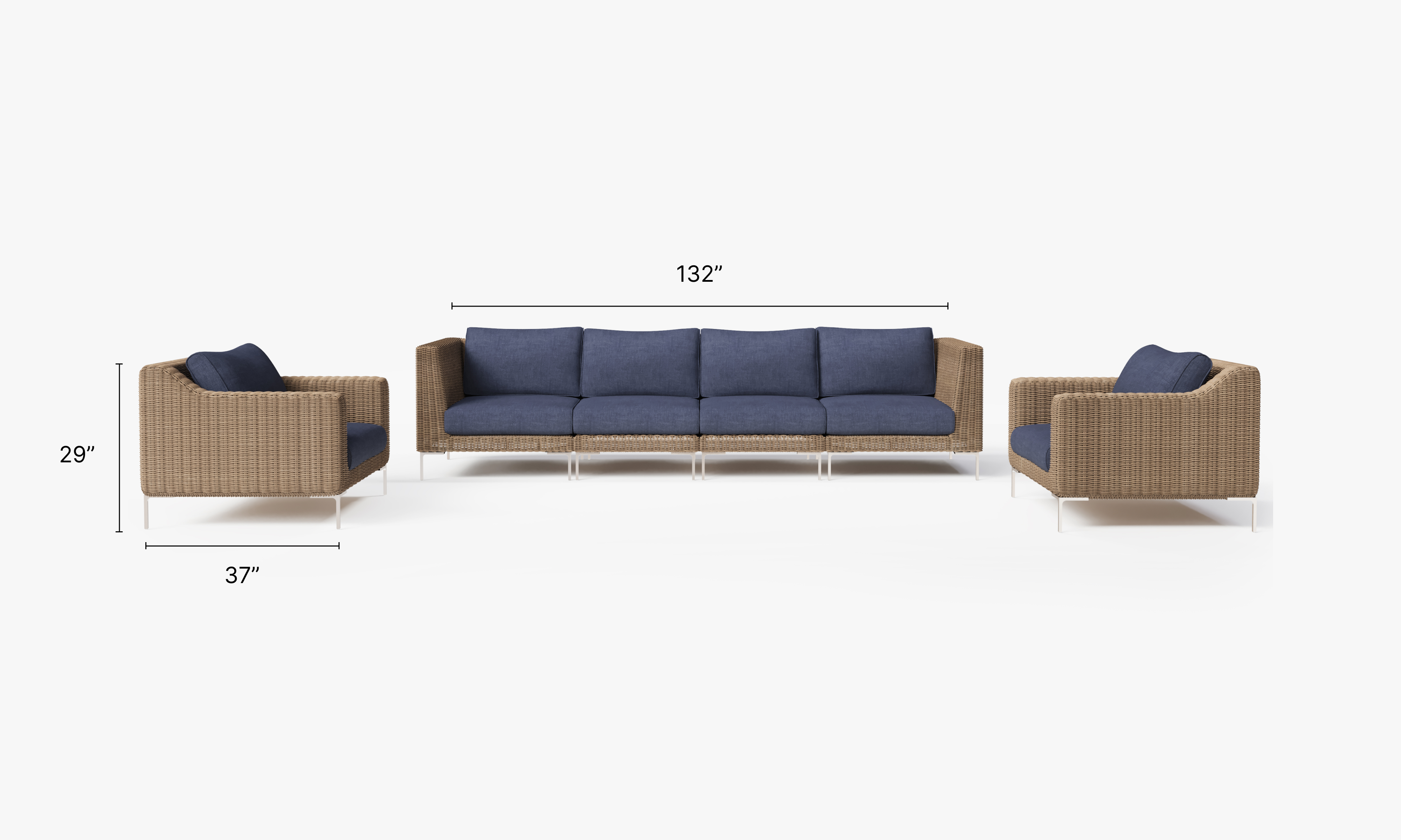 Brown Wicker Outdoor Sofa with Armchairs - 6 Seat dimensions in inches, also listed under Dimensions and Weights. #color_deep sea navy