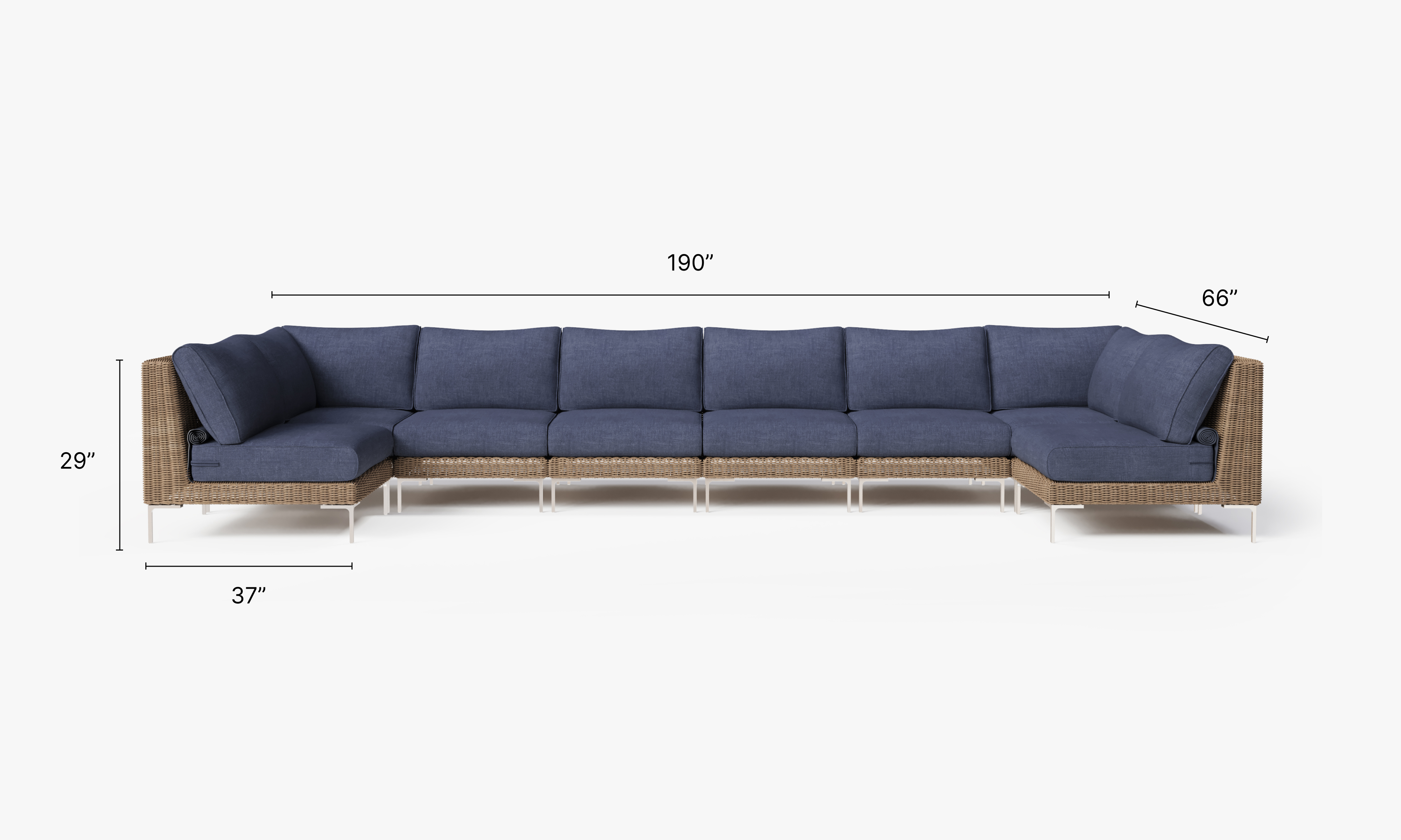 Brown Wicker Outdoor U Sectional - 8 Seat dimensions in inches, also listed under Dimensions and Weights. #color_deep sea navy