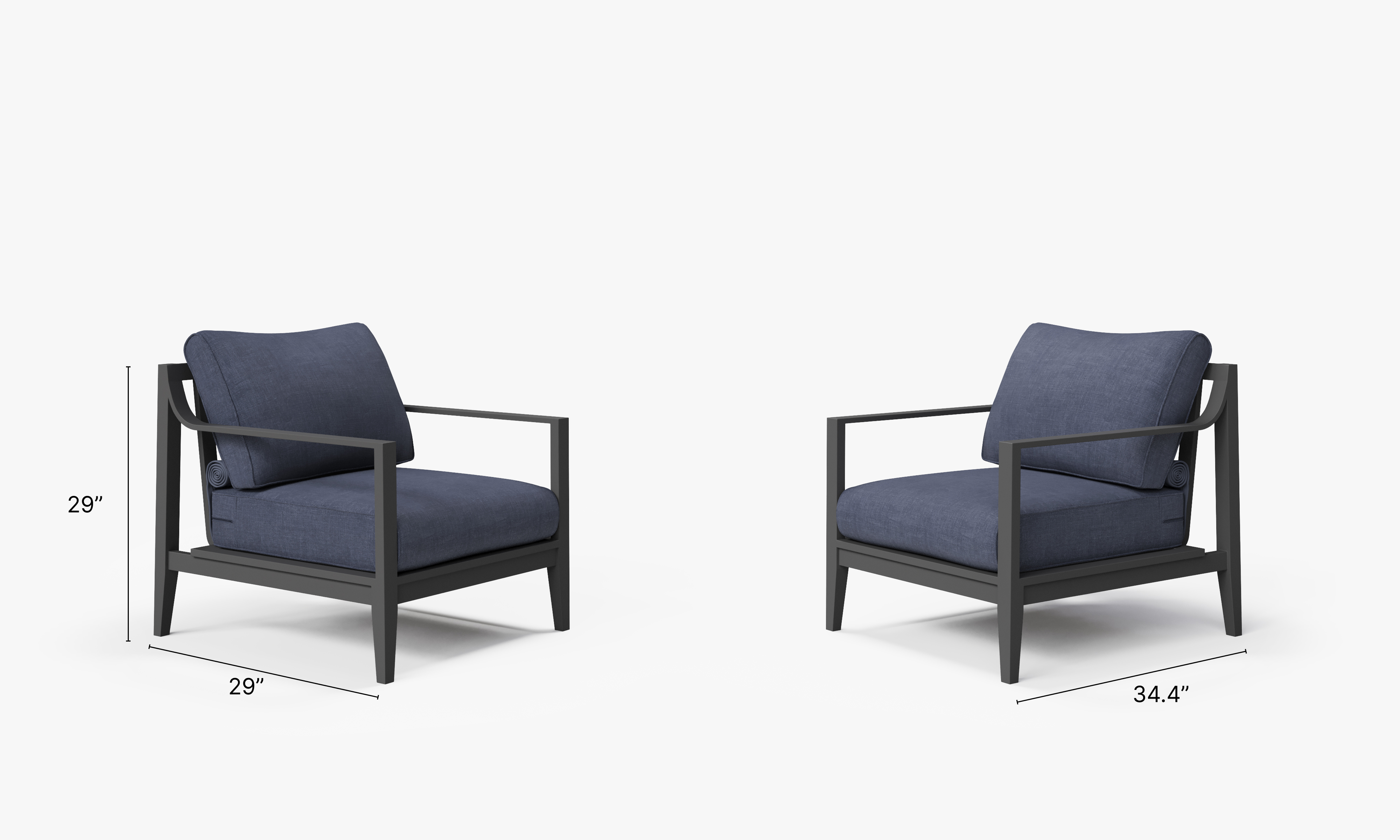 Charcoal Aluminum Outdoor Armchair Conversation Set dimensions in inches, also listed under Dimensions and Weights. #color_deep sea navy
