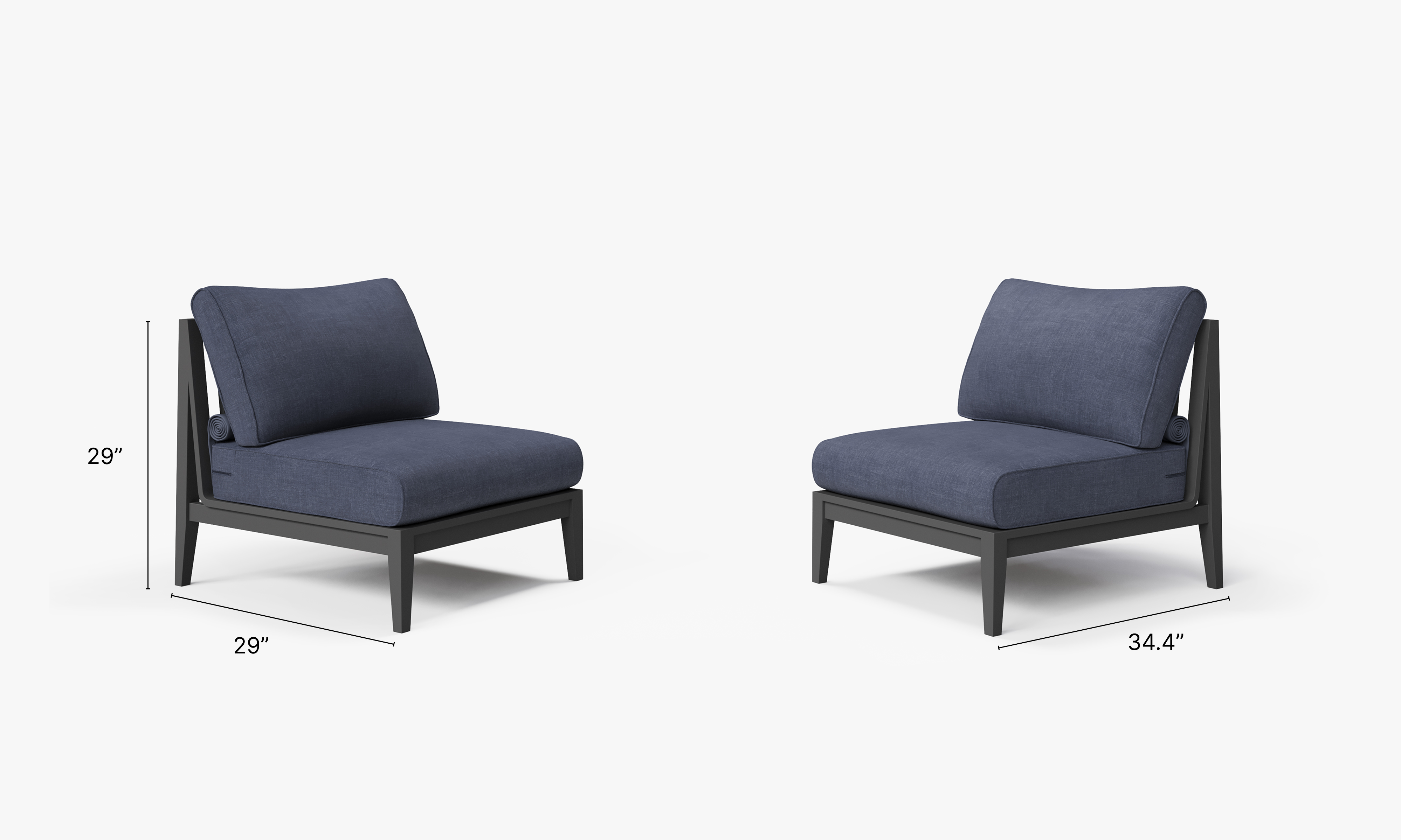 Charcoal Aluminum Outdoor Armless Chair Conversation Set dimensions in inches, also listed under Dimensions and Weights. #color_deep sea navy