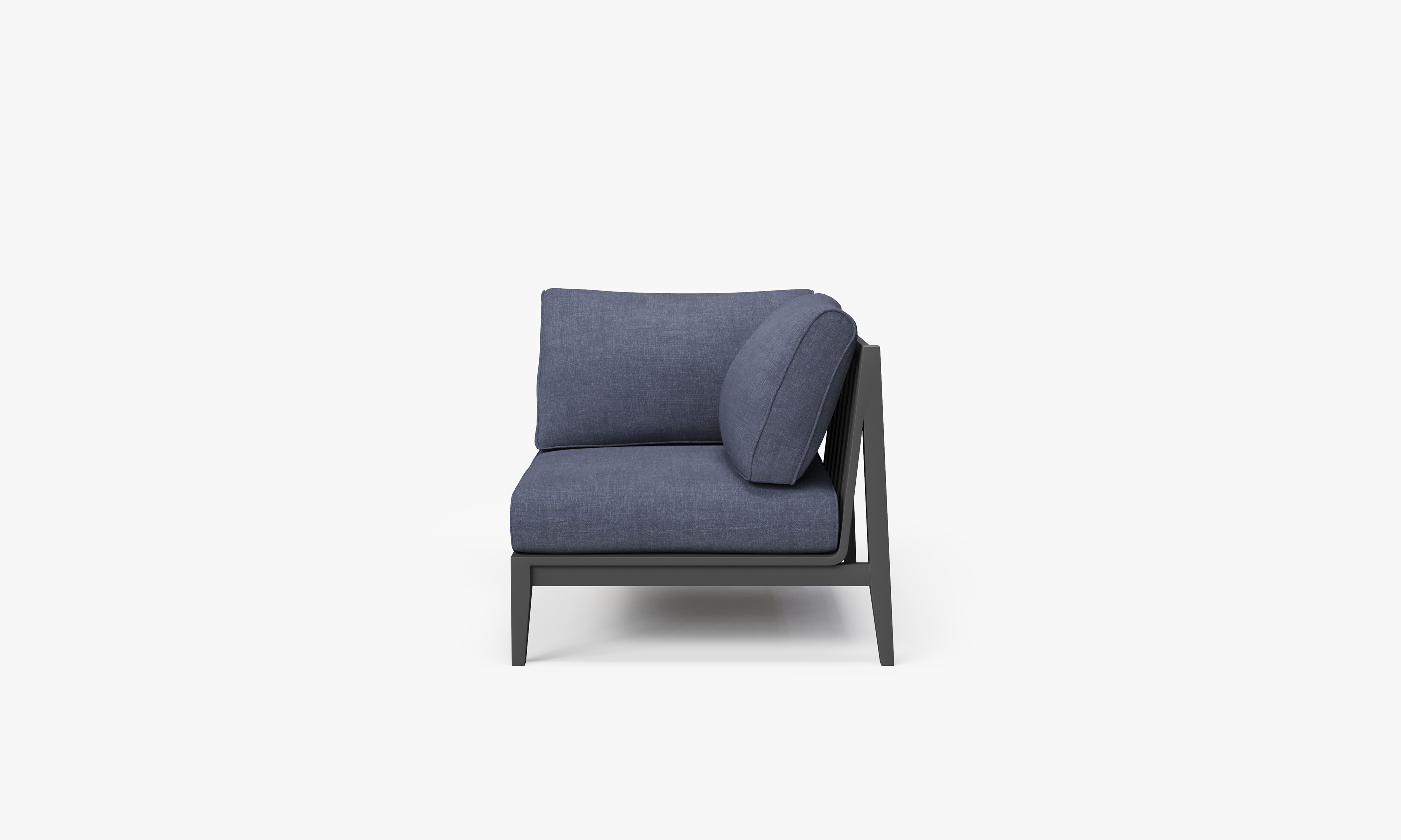 Charcoal Aluminum Outdoor Corner Chair - Left, front. Comfortable, durable, and weather resistant outdoor seating with memory foam. #color_deep sea navy