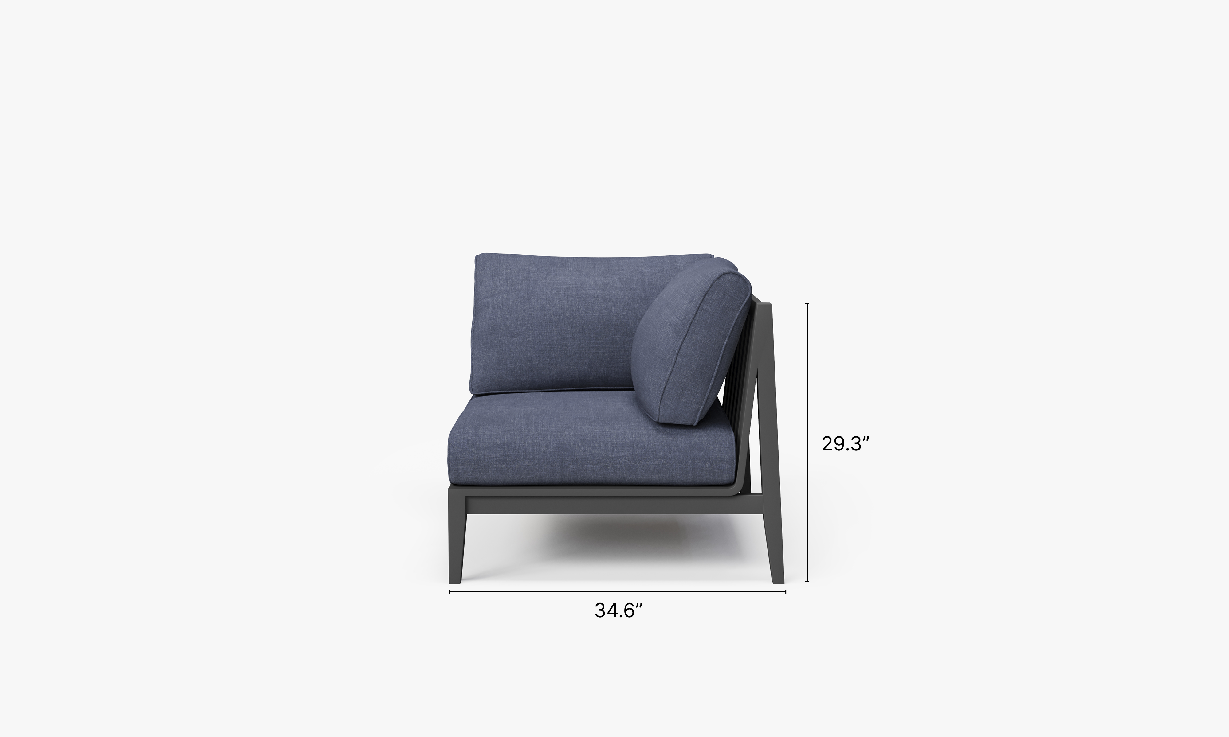 Charcoal Aluminum Outdoor Corner Chair - Left dimensions in inches, also listed under Dimensions and Weights. #color_deep sea navy