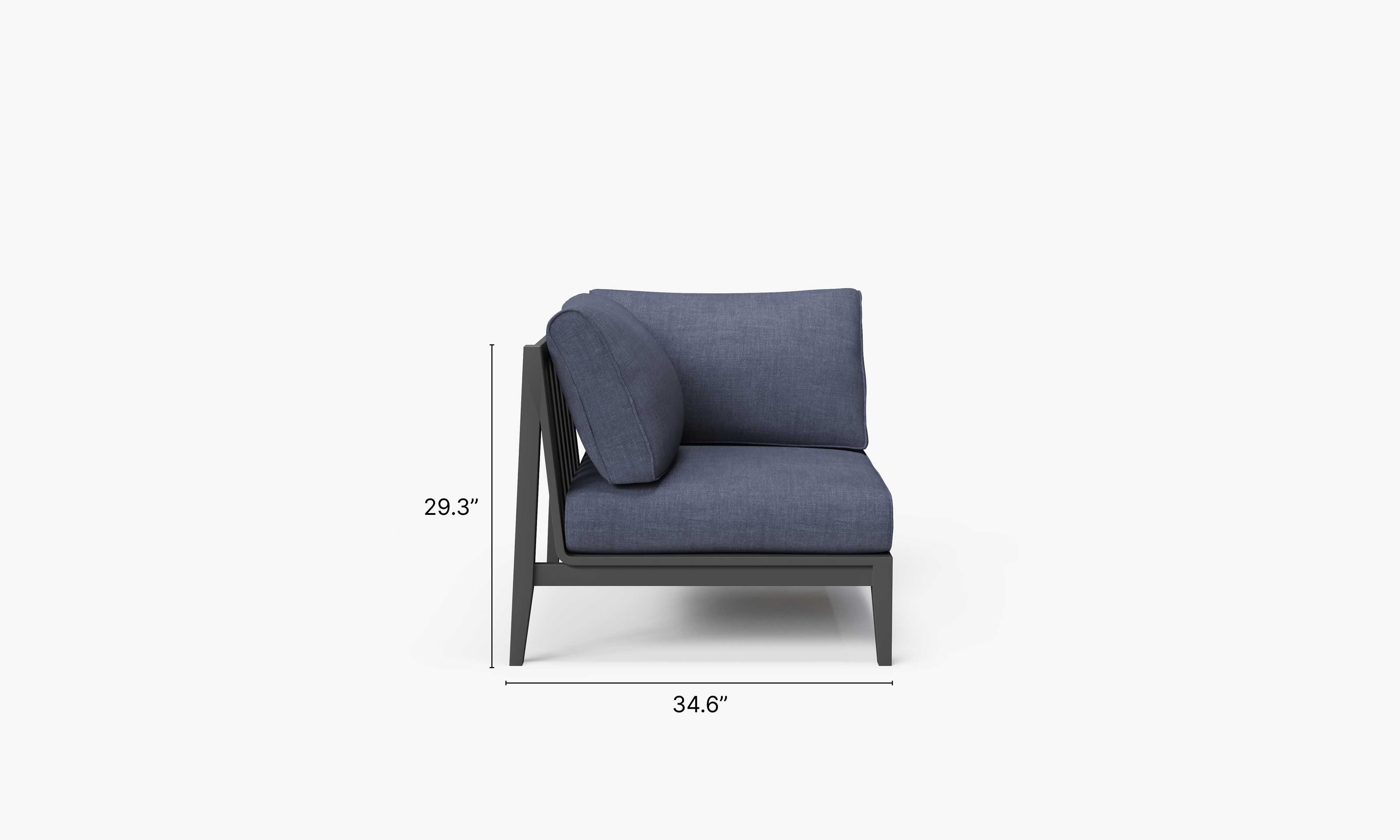 Charcoal Aluminum Outdoor Corner Chair - Right dimensions in inches, also listed under Dimensions and Weights. #color_deep sea navy