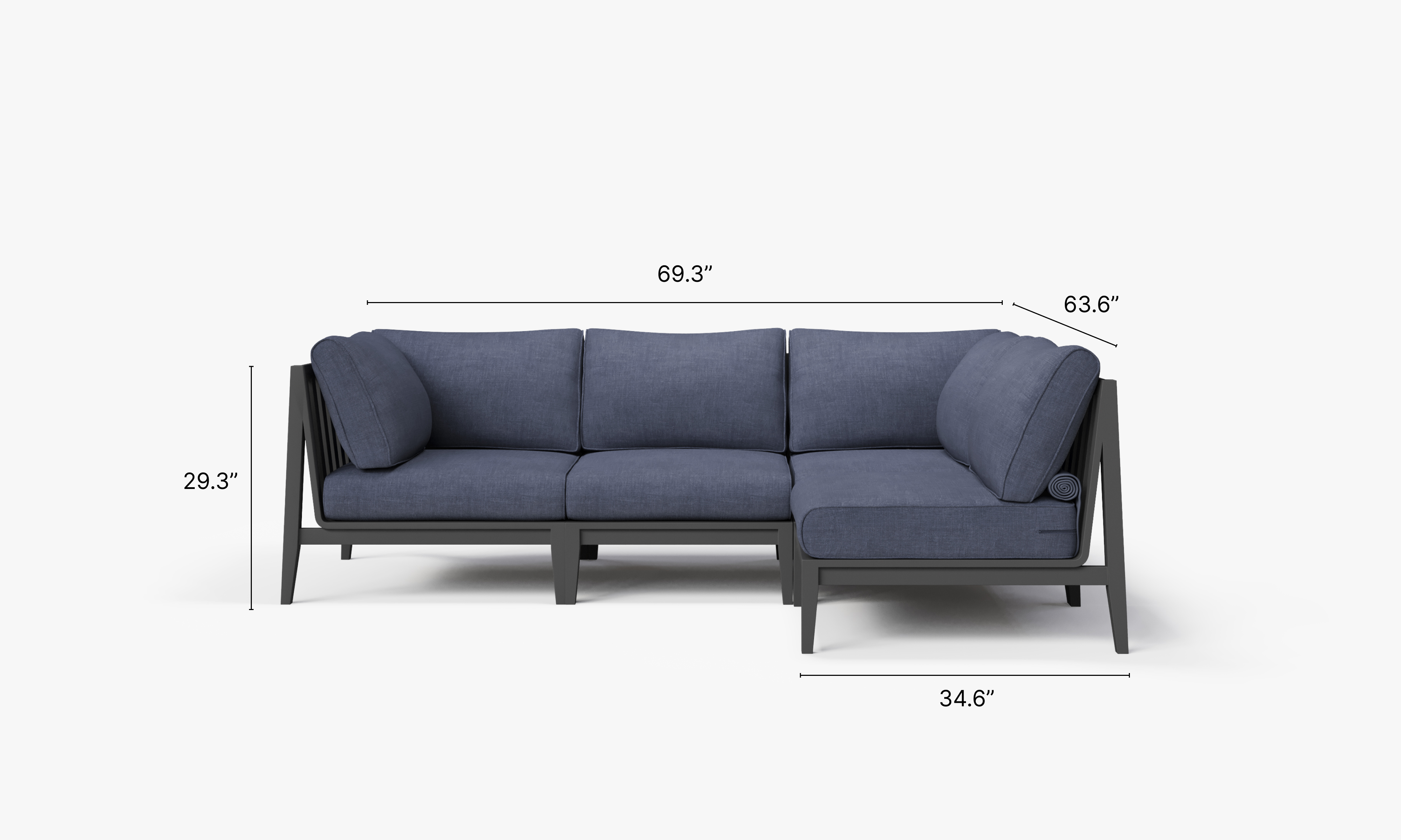 Charcoal Aluminum Outdoor L Sectional - 4 Seat dimensions in inches, also listed under Dimensions and Weights. #color_deep sea navy