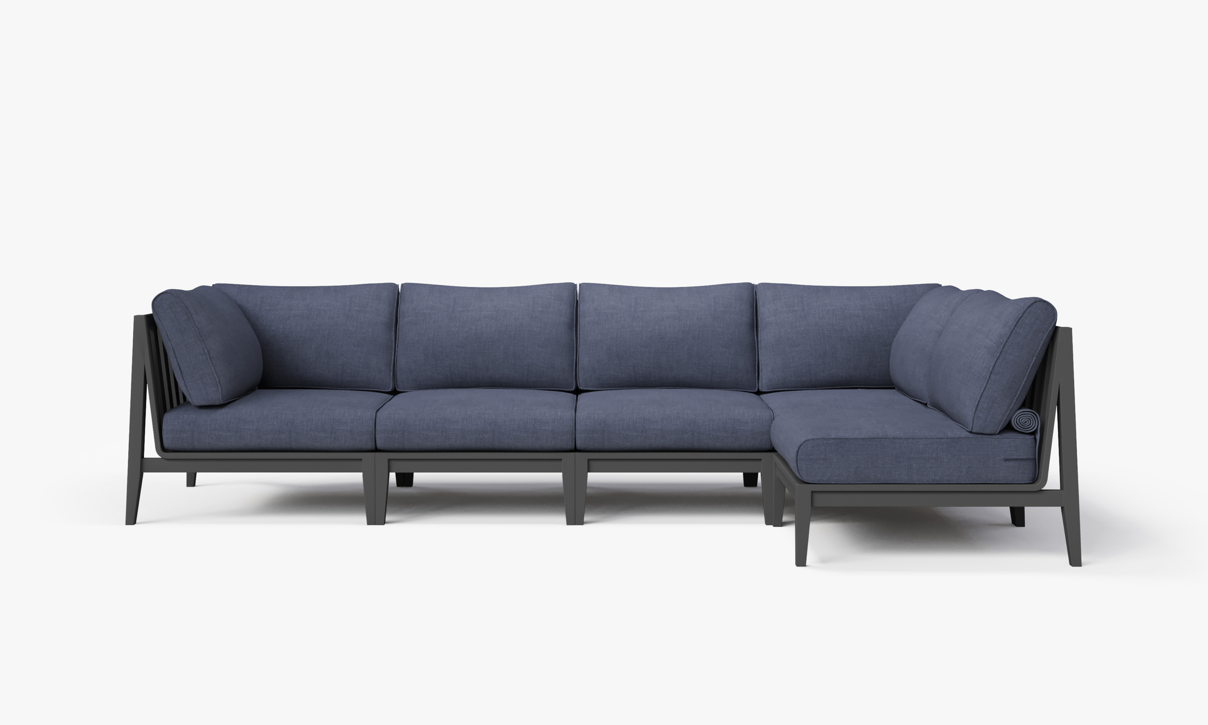 Charcoal Aluminum Outdoor L Sectional - 5 Seat, front. Comfortable, durable, and weather resistant outdoor seating with memory foam. #color_deep sea navy