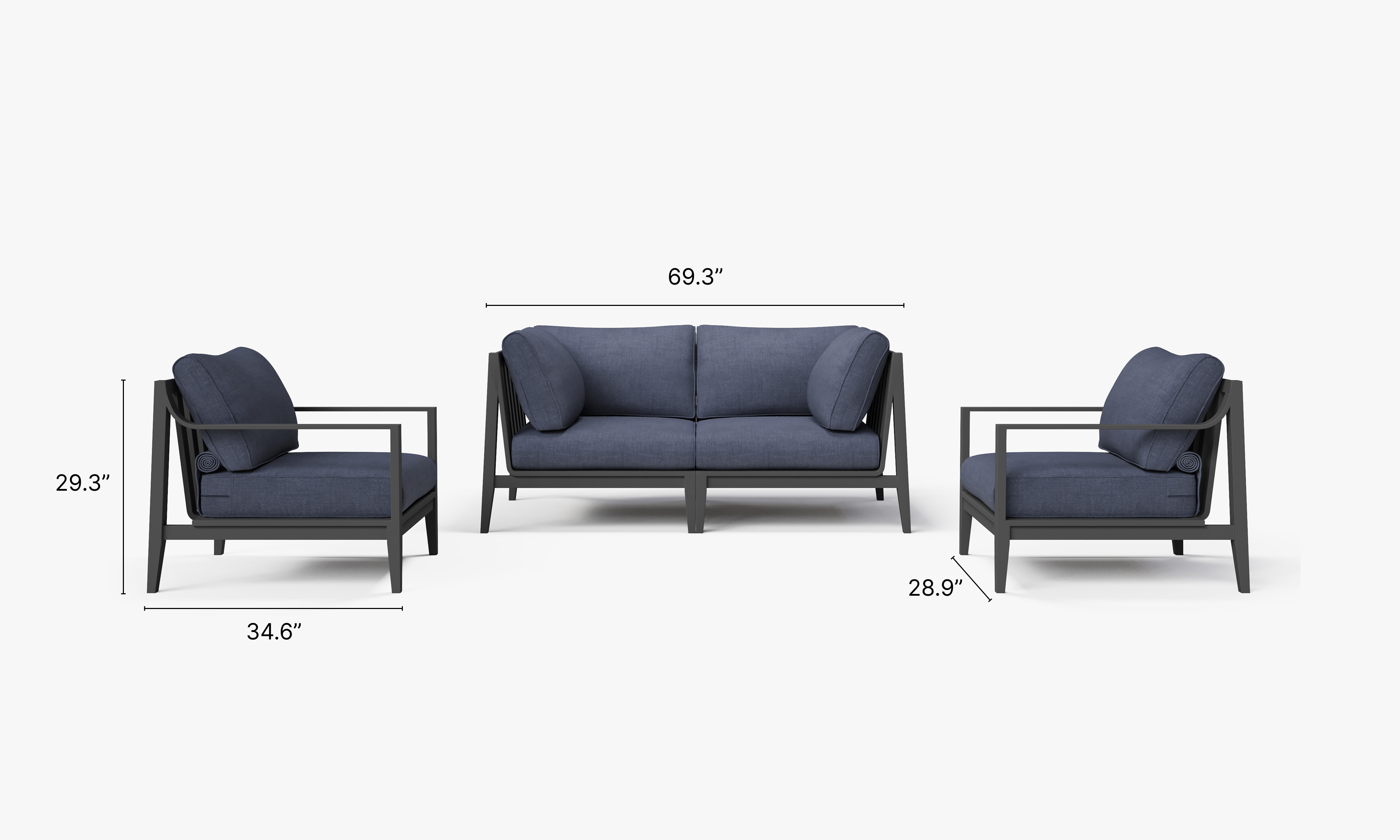 Charcoal Aluminum Outdoor Loveseat with Armchairs - 4 Seat dimensions in inches, also listed under Dimensions and Weights. #color_deep sea navy