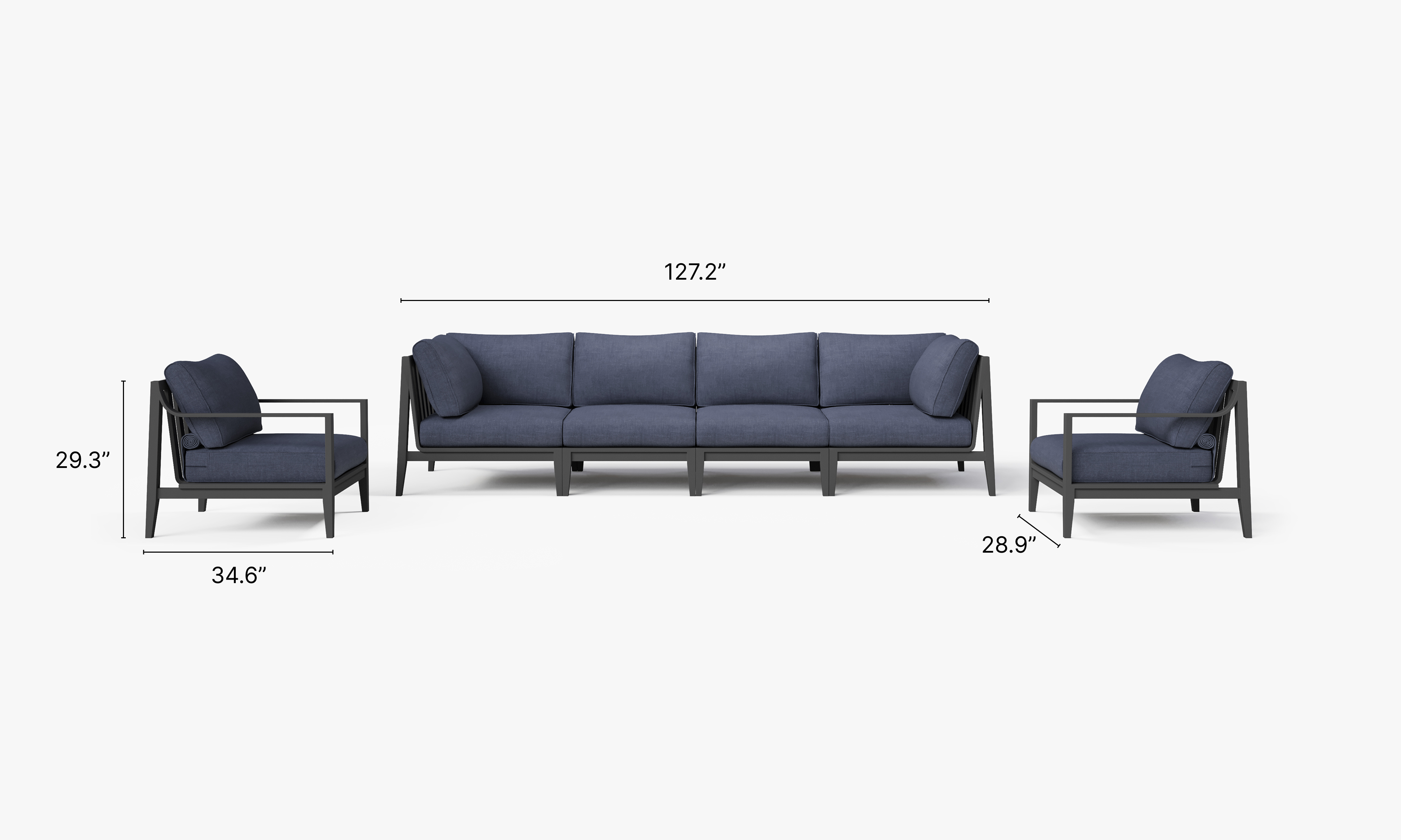 Charcoal Aluminum Outdoor Sofa with Armchairs - 6 Seat dimensions in inches, also listed under Dimensions and Weights. #color_deep sea navy