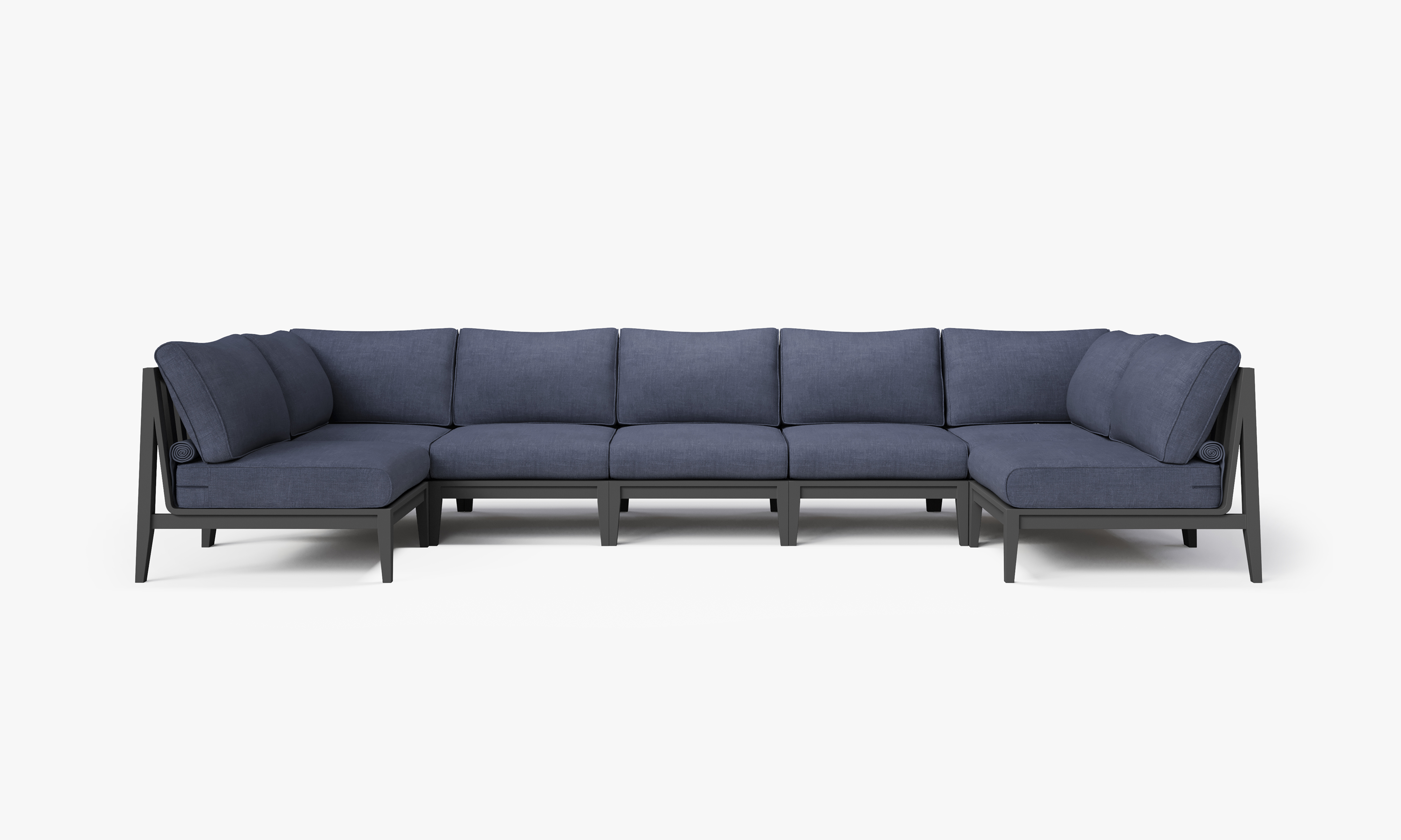 Charcoal Aluminum Outdoor U Sectional - 7 Seat, front. Comfortable, durable, and weather resistant outdoor seating with memory foam. #color_deep sea navy