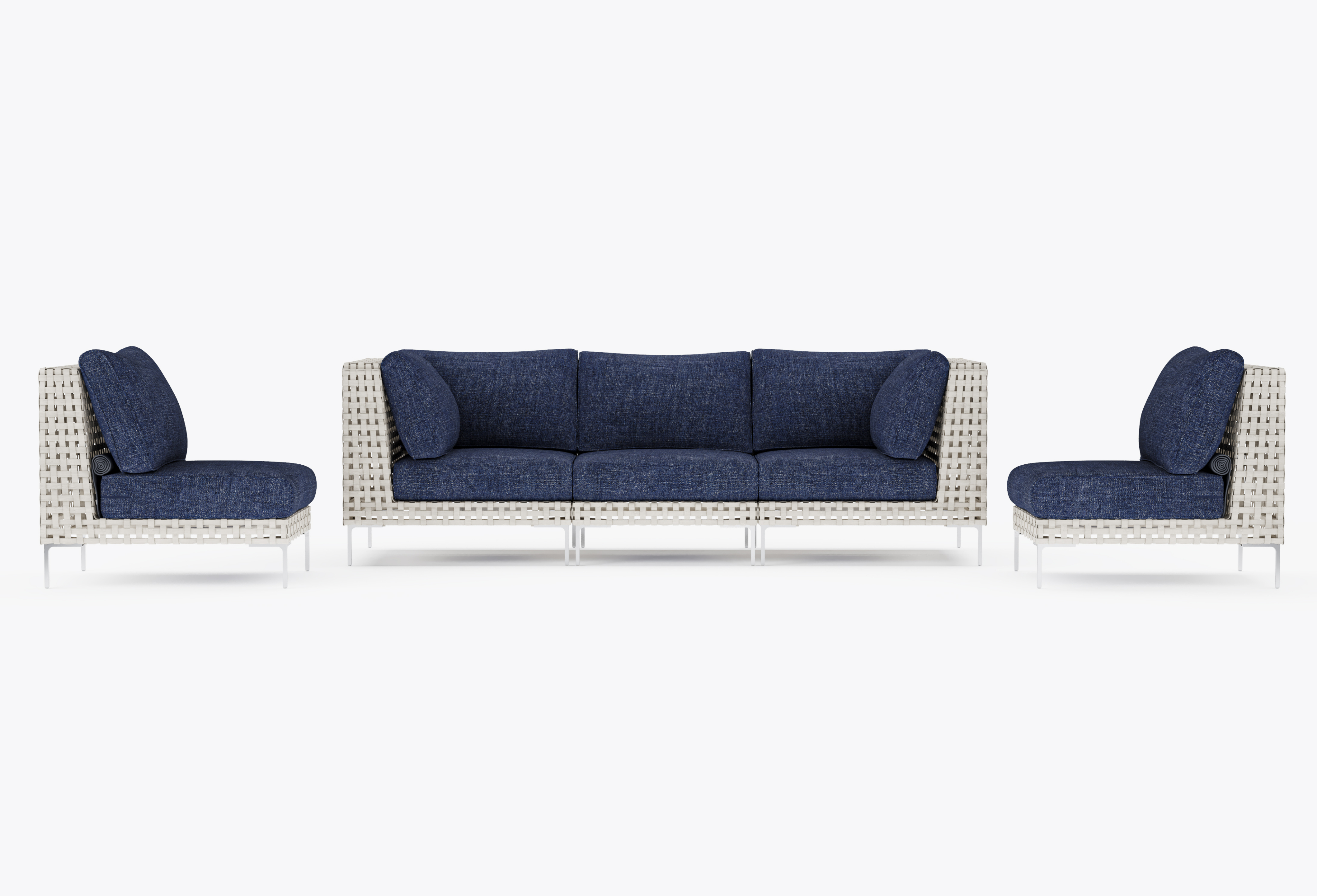 Open Weave Wicker Outdoor Sofa with Armless Chairs - 5 Seat in Deep Sea Navy #color_deep sea navy