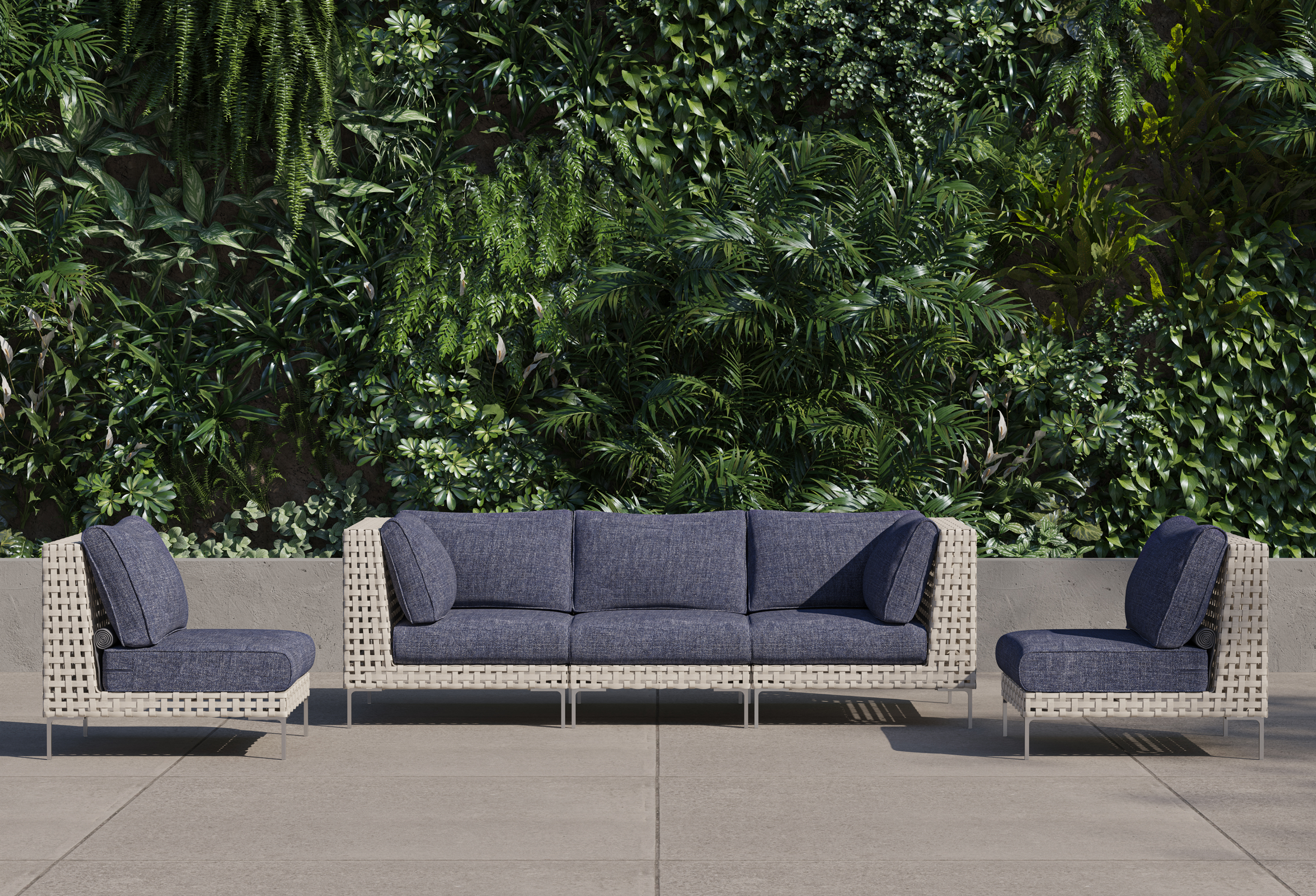 Open Weave Wicker Outdoor Sofa with Armless Chairs - 5 Seat #color_deep sea navy