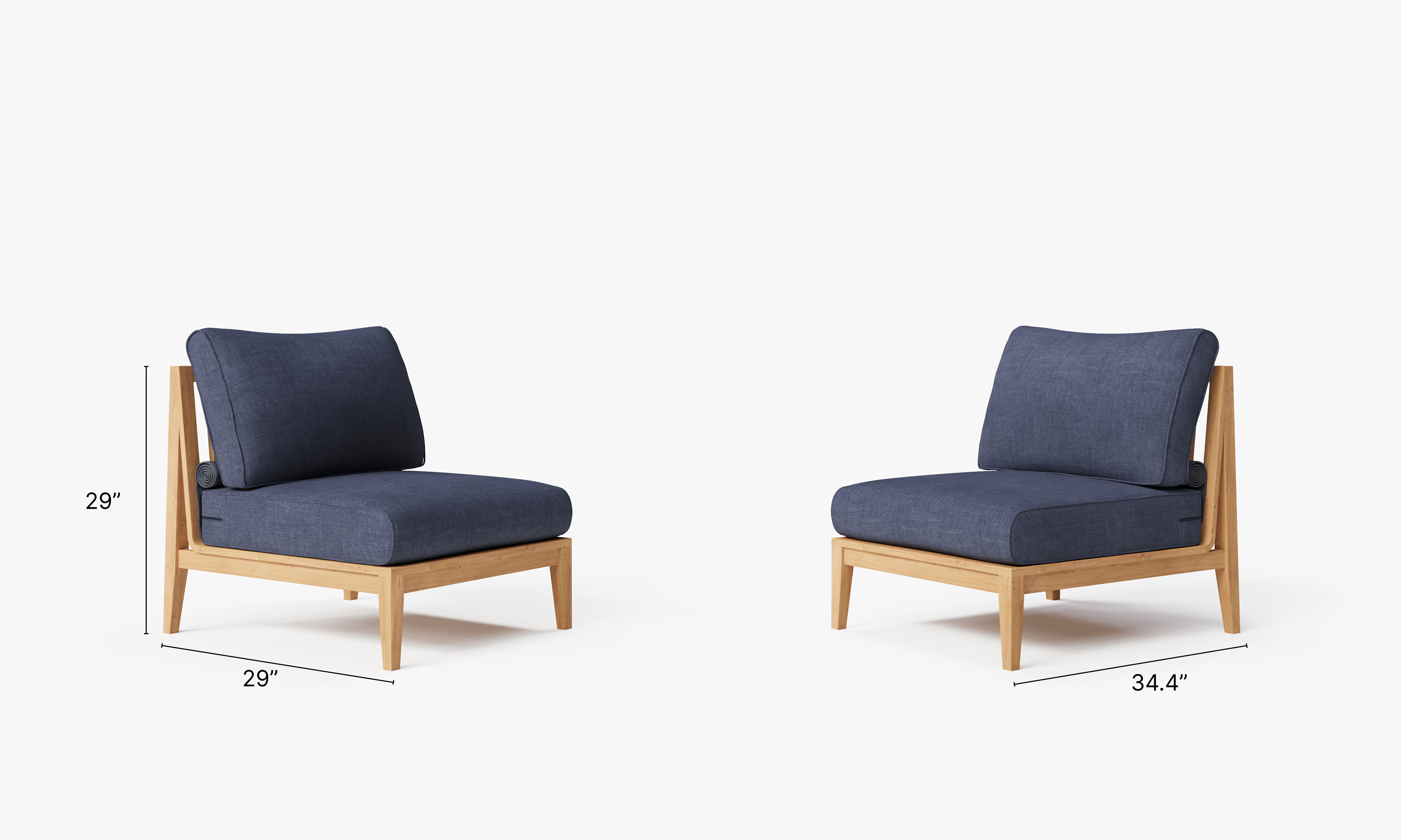Teak outdoor sofa and armless chairs arranged in a conversation set on a patio, featuring deep sea navy cushions and a white aluminum frame.-teak outdoor sofa-outer #color_deep sea navy