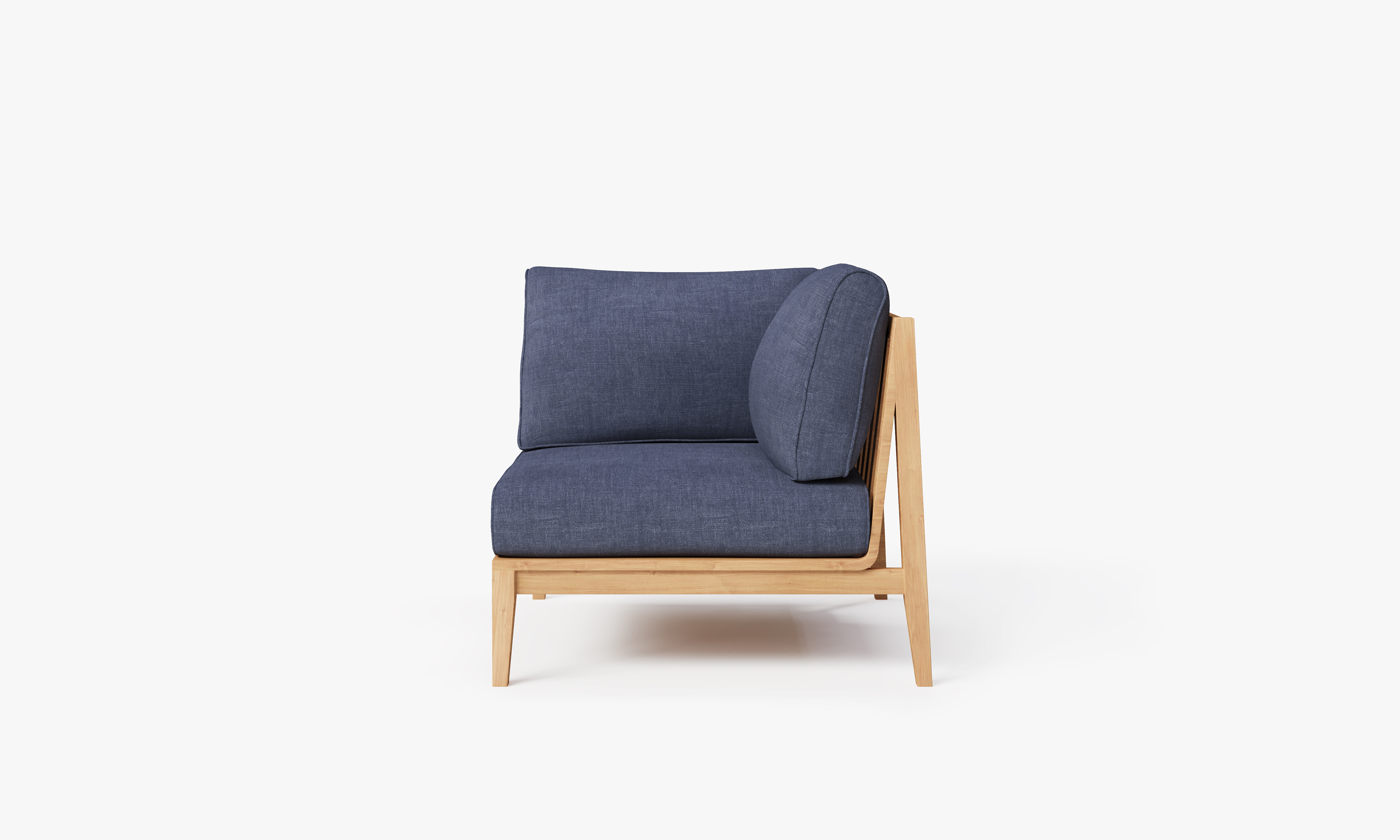 Teak outdoor corner chair with navy cushions, featuring a left-side armrest and a sturdy wooden frame.-teak outdoor sofa-outer #color_deep sea navy