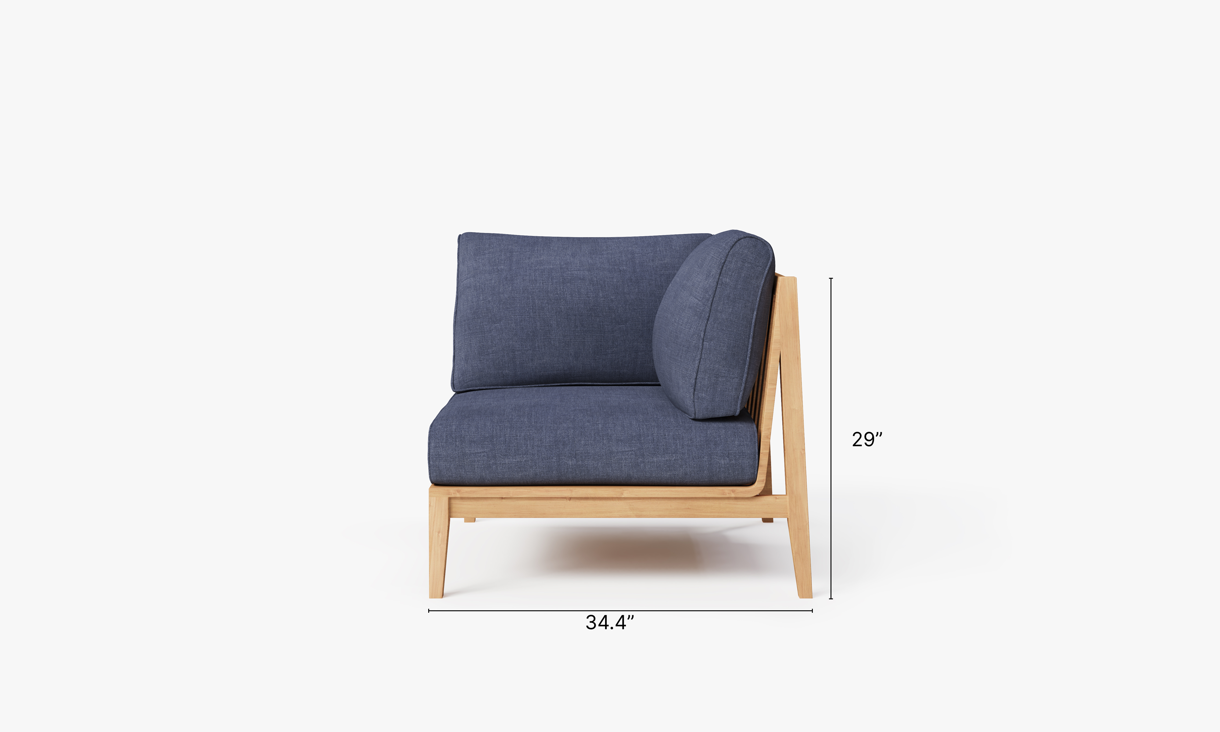 Teak outdoor corner sofa with deep sea navy cushions, featuring a left corner chair and clean, modern design.-teak outdoor sofa-outer #color_deep sea navy