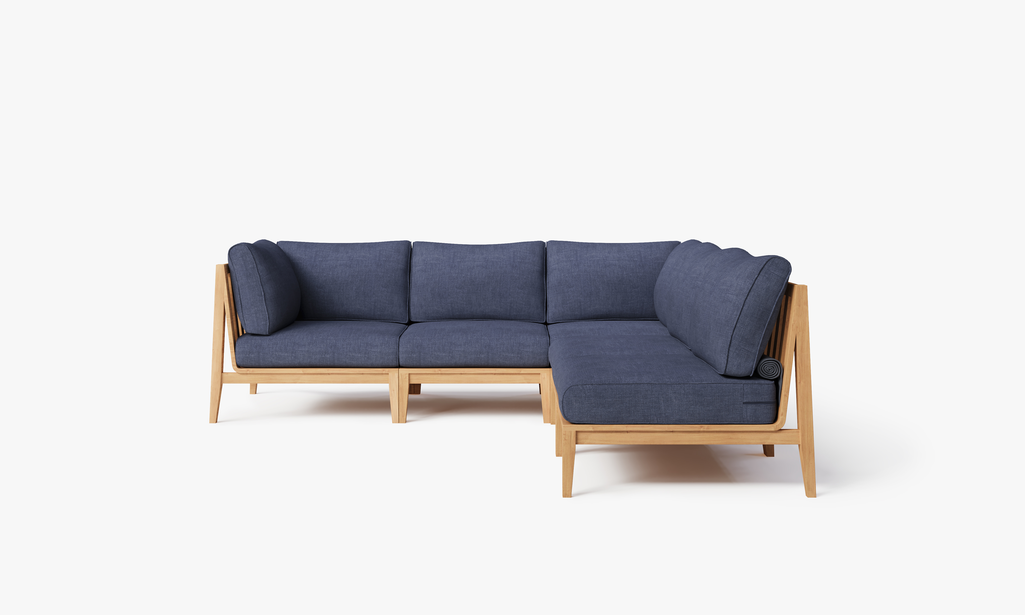 Teak outdoor corner sectional sofa with 5 navy cushioned seats arranged in an L-shape.-teak outdoor sofa-outer #color_deep sea navy