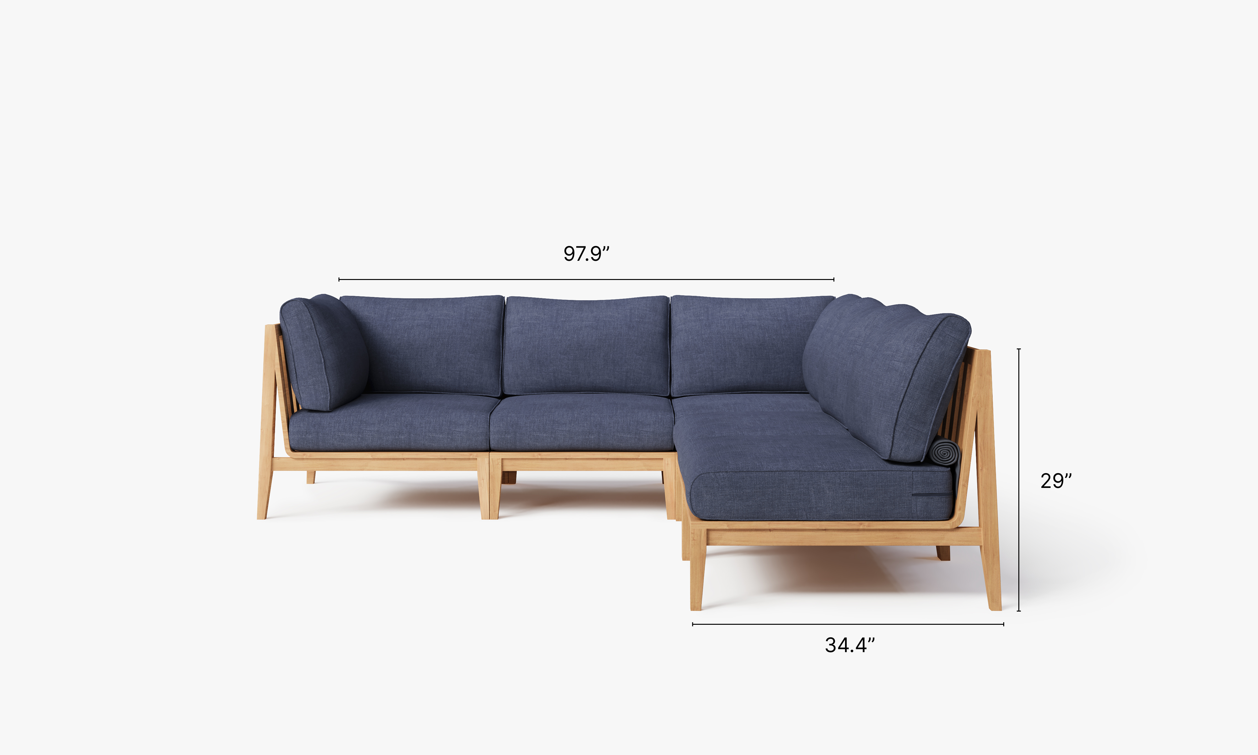 Teak outdoor corner sectional sofa with 5 navy cushioned seats arranged in an L-shape.-teak outdoor sofa-outer #color_deep sea navy