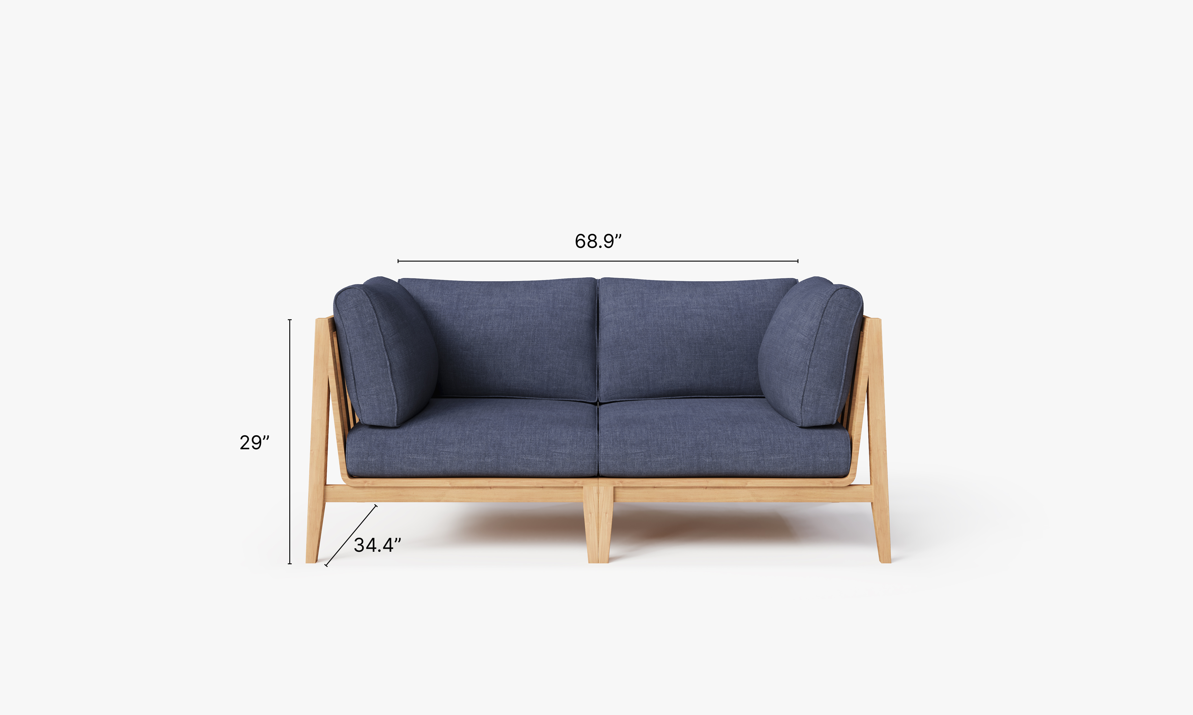 Teak outdoor loveseat with white aluminum frame and deep sea navy cushions, designed for comfortable outdoor seating.-teak outdoor sofa-outer #color_deep sea navy