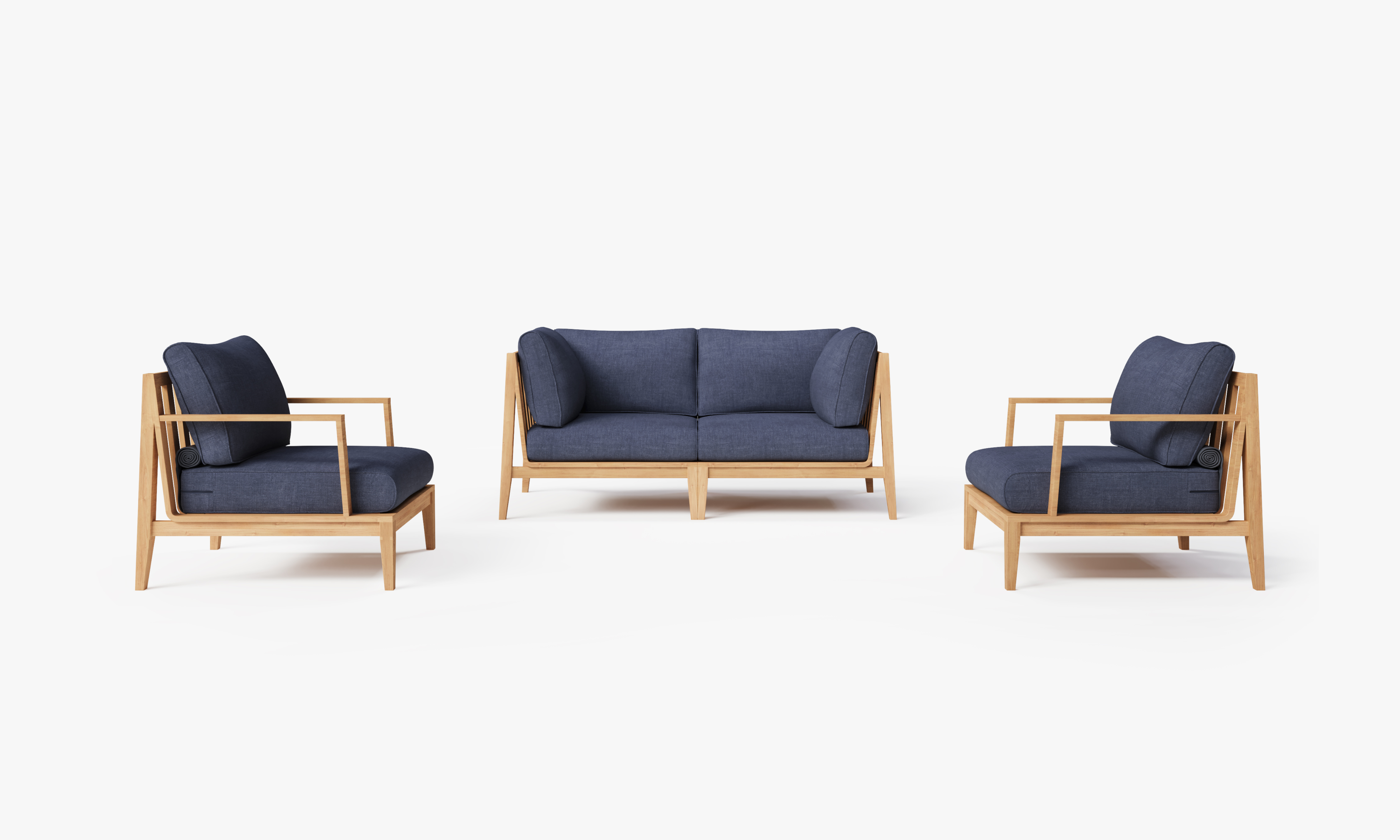 Teak outdoor sofa with matching armchairs, featuring navy cushions and a sturdy wooden frame.-teak outdoor sofa-outer
#color_deep sea navy