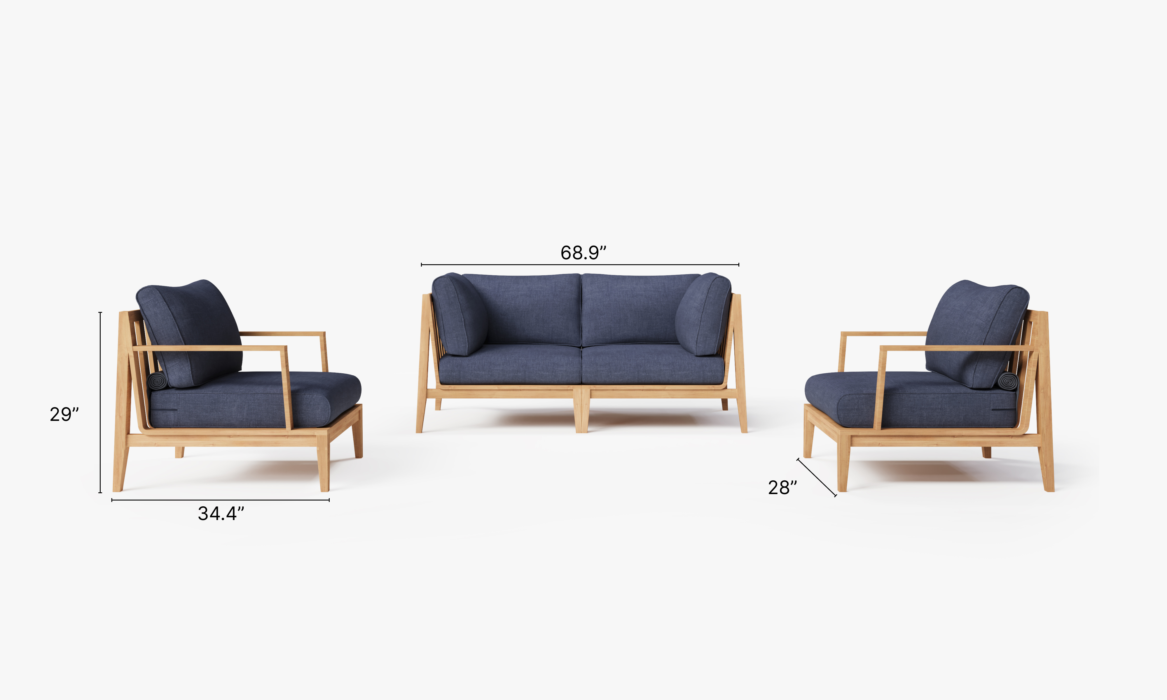 Teak outdoor sofa with two matching armchairs, featuring white cushions and a natural wood finish, arranged on a patio with a stone floor.-teak outdoor sofa-outer #color_deep sea navy