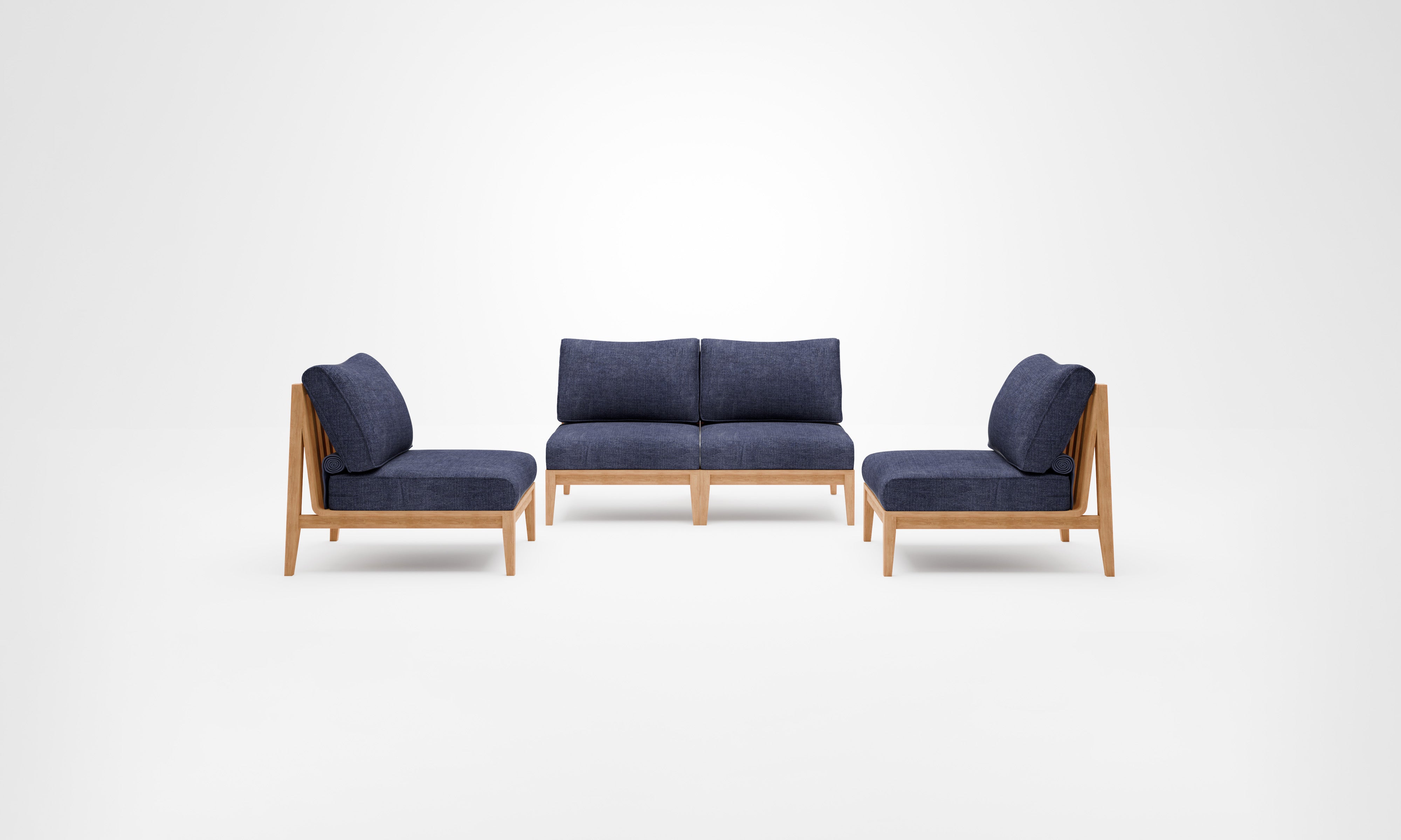 Teak outdoor loveseat with armless chairs, featuring navy cushions and a sturdy wooden frame, arranged on a patio setting.-teak outdoor sofa-outer #color_deep sea navy