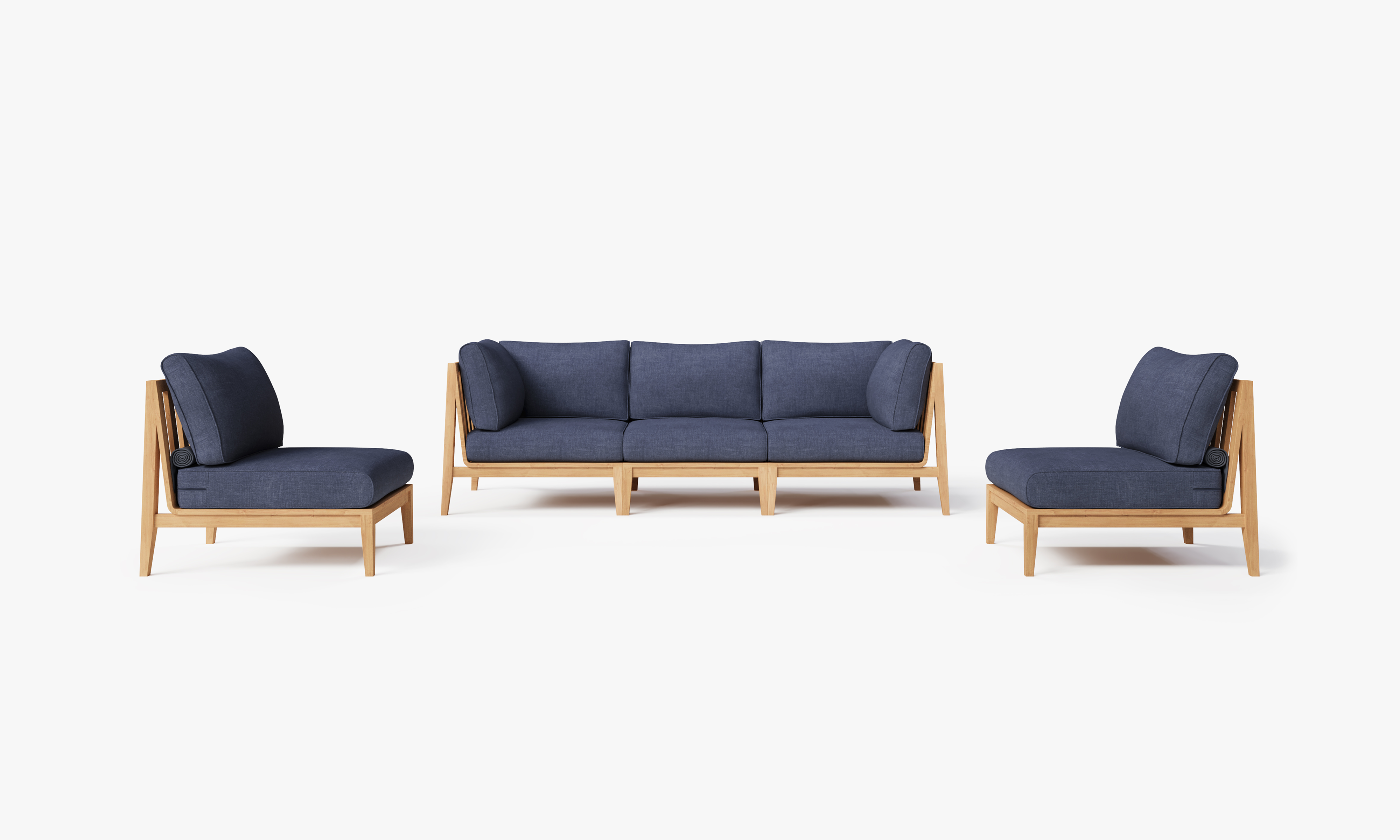 Teak outdoor sofa with navy cushions, featuring an armless design and accompanied by matching armless chairs, arranged on a wooden deck.-teak outdoor sofa-outer #color_deep sea navy