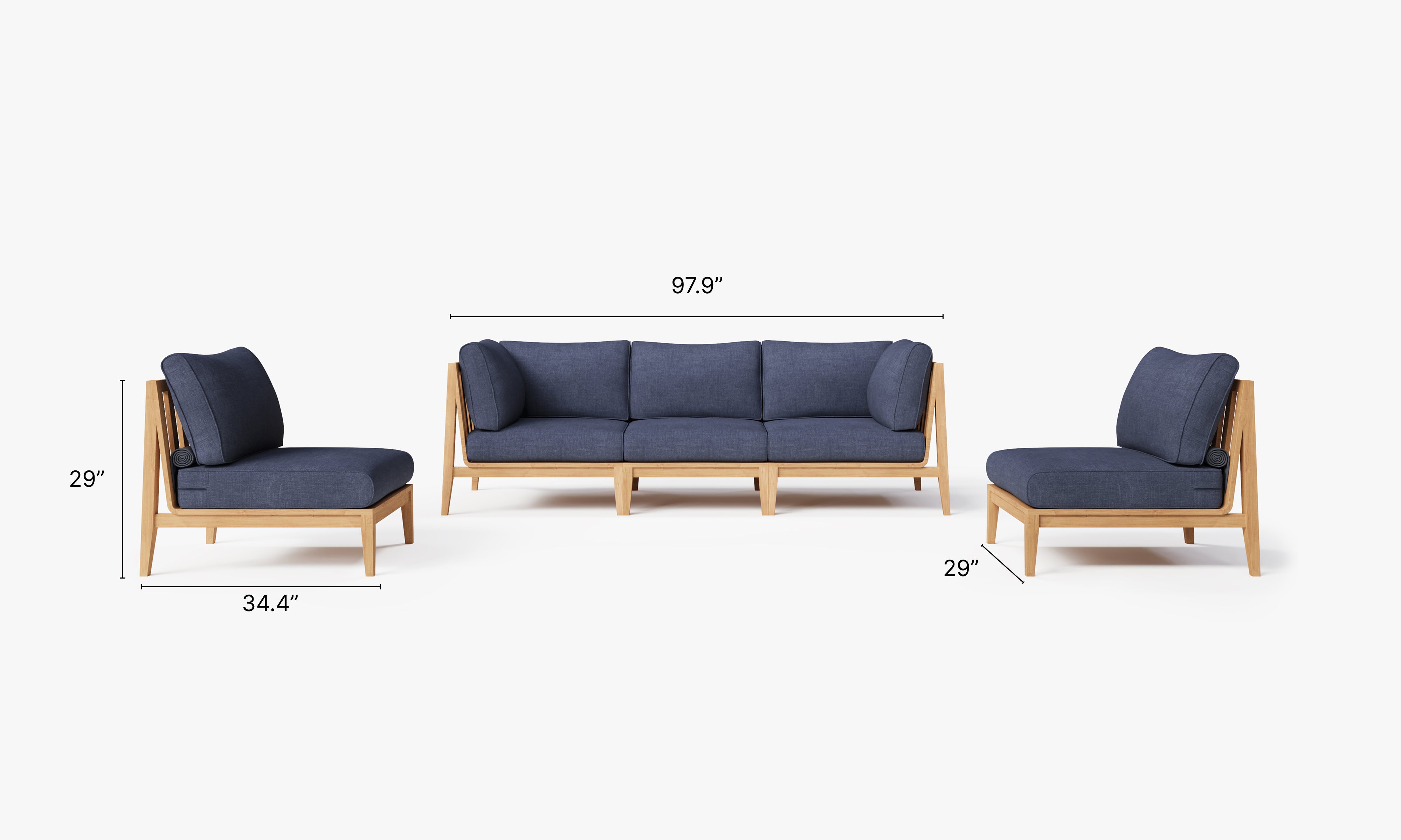 A teak outdoor sofa with white cushions, featuring an armless design and a slatted wooden frame, set against a neutral background.-teak outdoor sofa-outer #color_deep sea navy