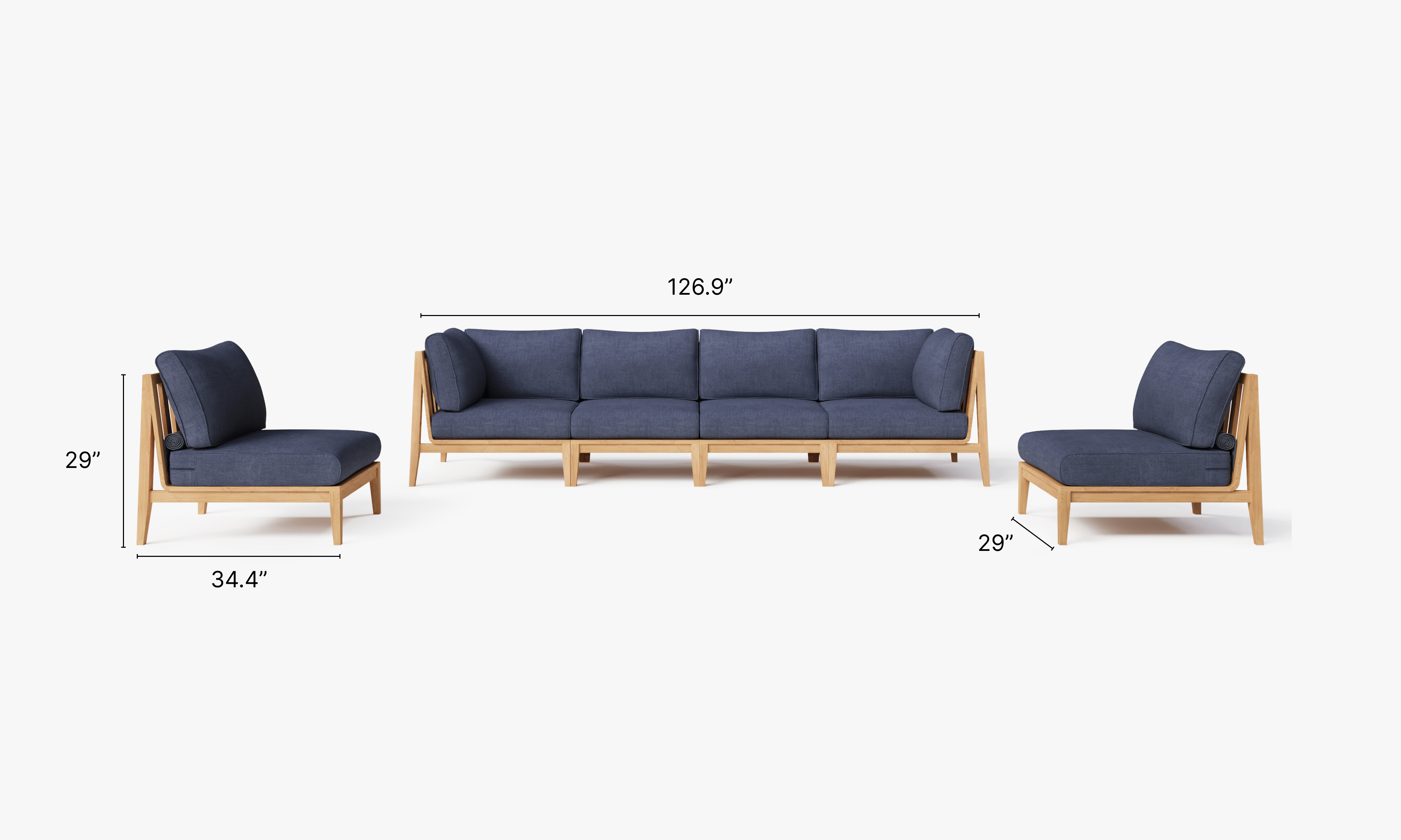 A teak outdoor sofa with white cushions, featuring an armless design and a slatted wooden frame.-teak outdoor sofa-outer #color_deep sea navy